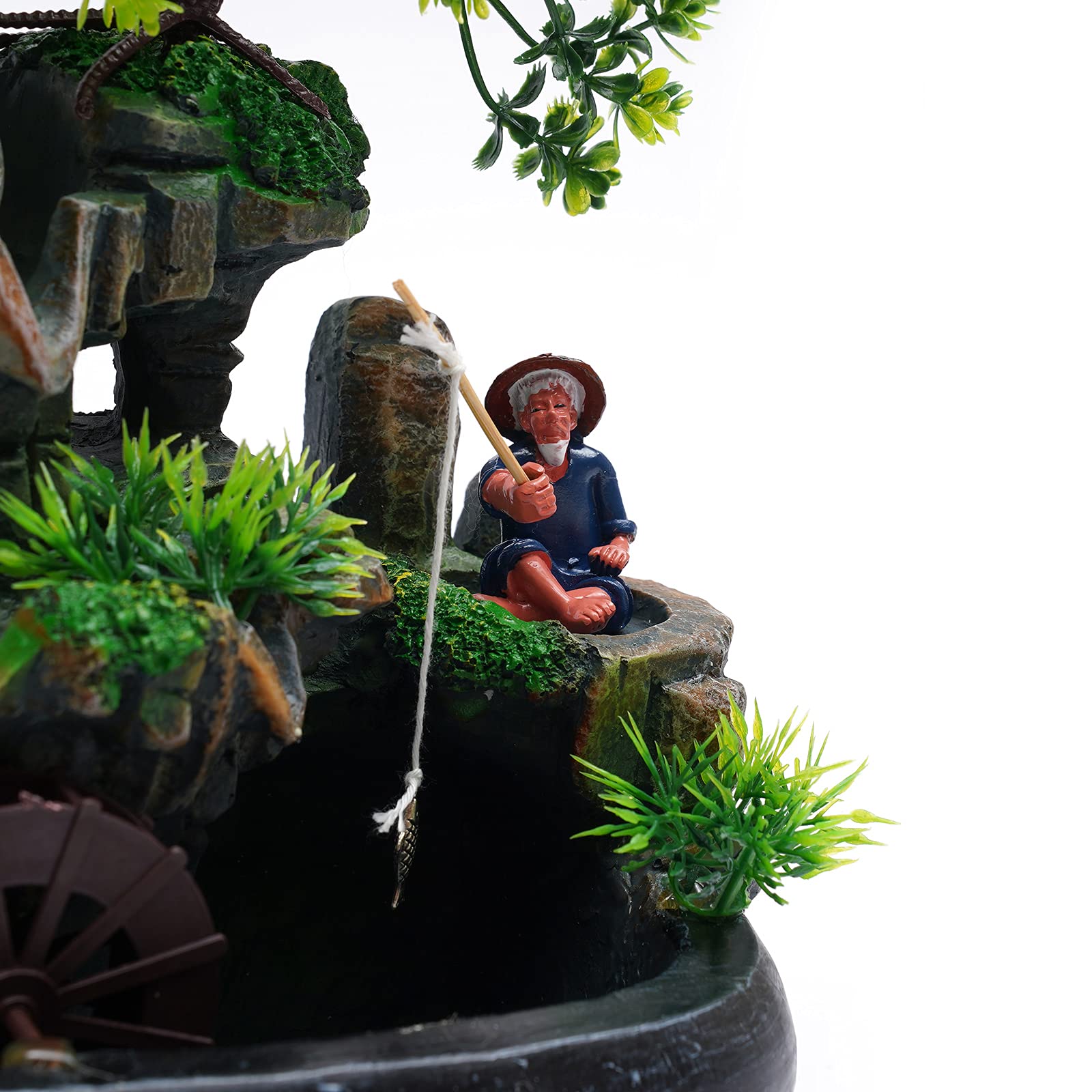 Fontanna stołowa Zen LED Wodospad Feng Shui Fontanna z żywicy Ogród Skalny Rybak Rybak Drzewo Pomysł Prezent do medytacji i relaksu - H 30 cm