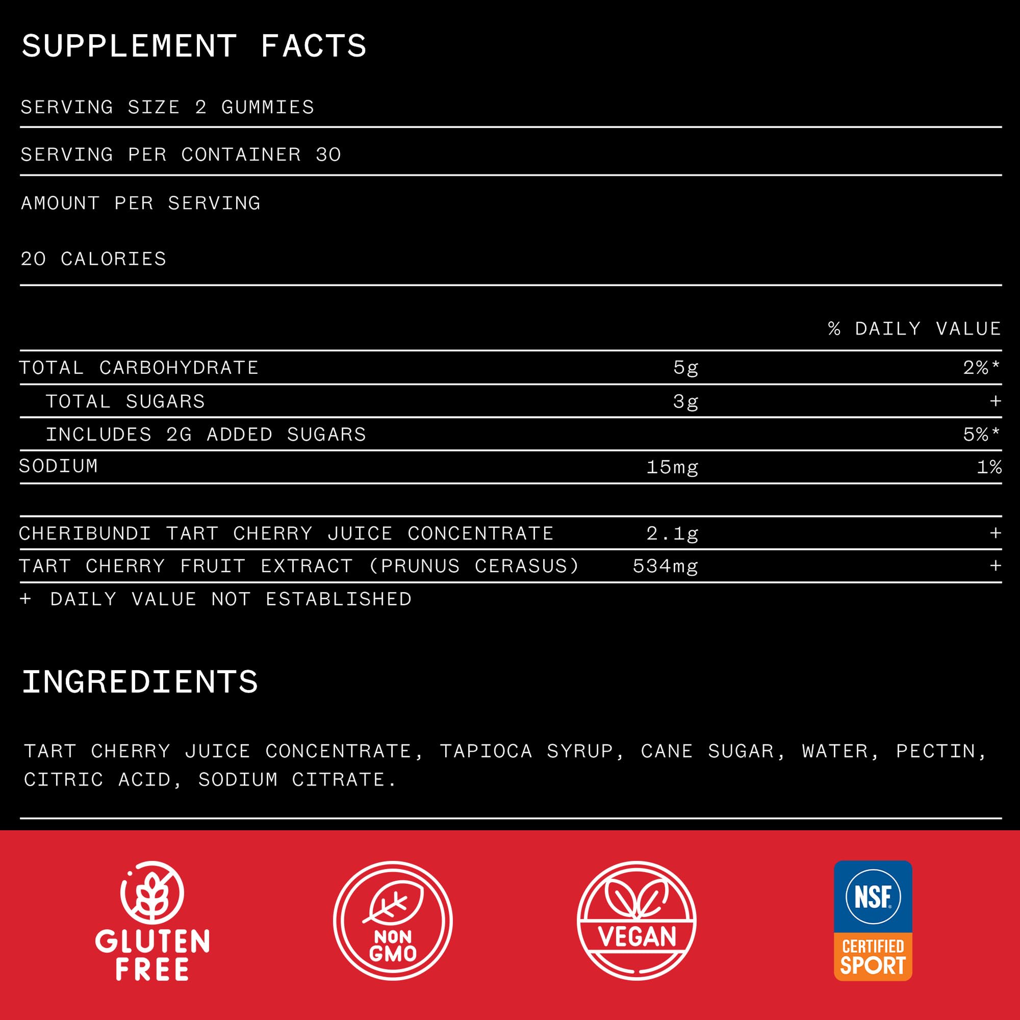 Cheribundi Tart Cherry Gummies Pure | Performance for Maximum Recovery with 25 Tart Cherries | Powerful Antioxidant Support, Non-GMO, Gluten-Free, Vegan | 20 Calories per Serving | 60 Count thumbnail 3