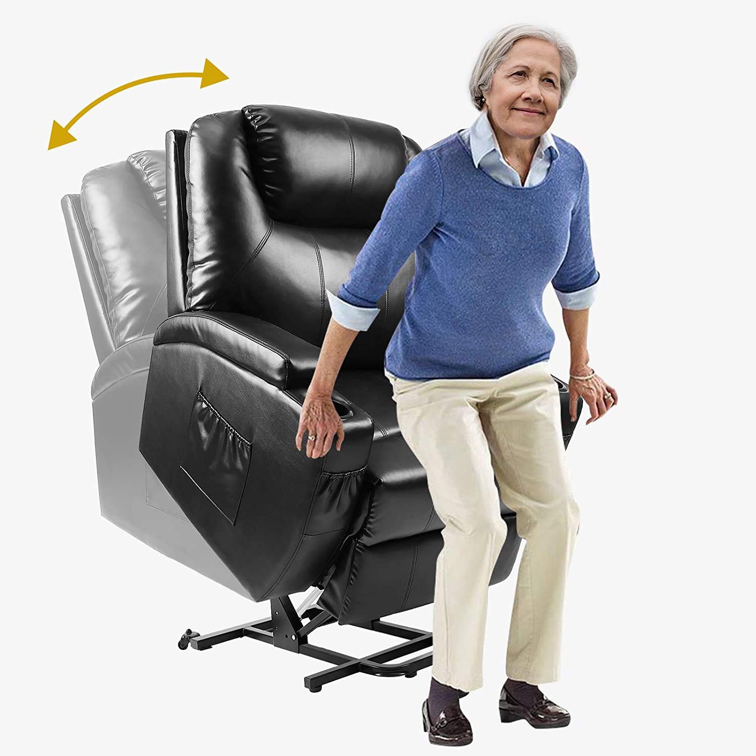 Power Lift Recliner Chair for Elderly, Faux Leather Electric Recliner w/Massage and Heating, 3 Positions, Side Pockets and Cup Holders, USB Ports, Remote Control, Motorized Home Theater Seat
