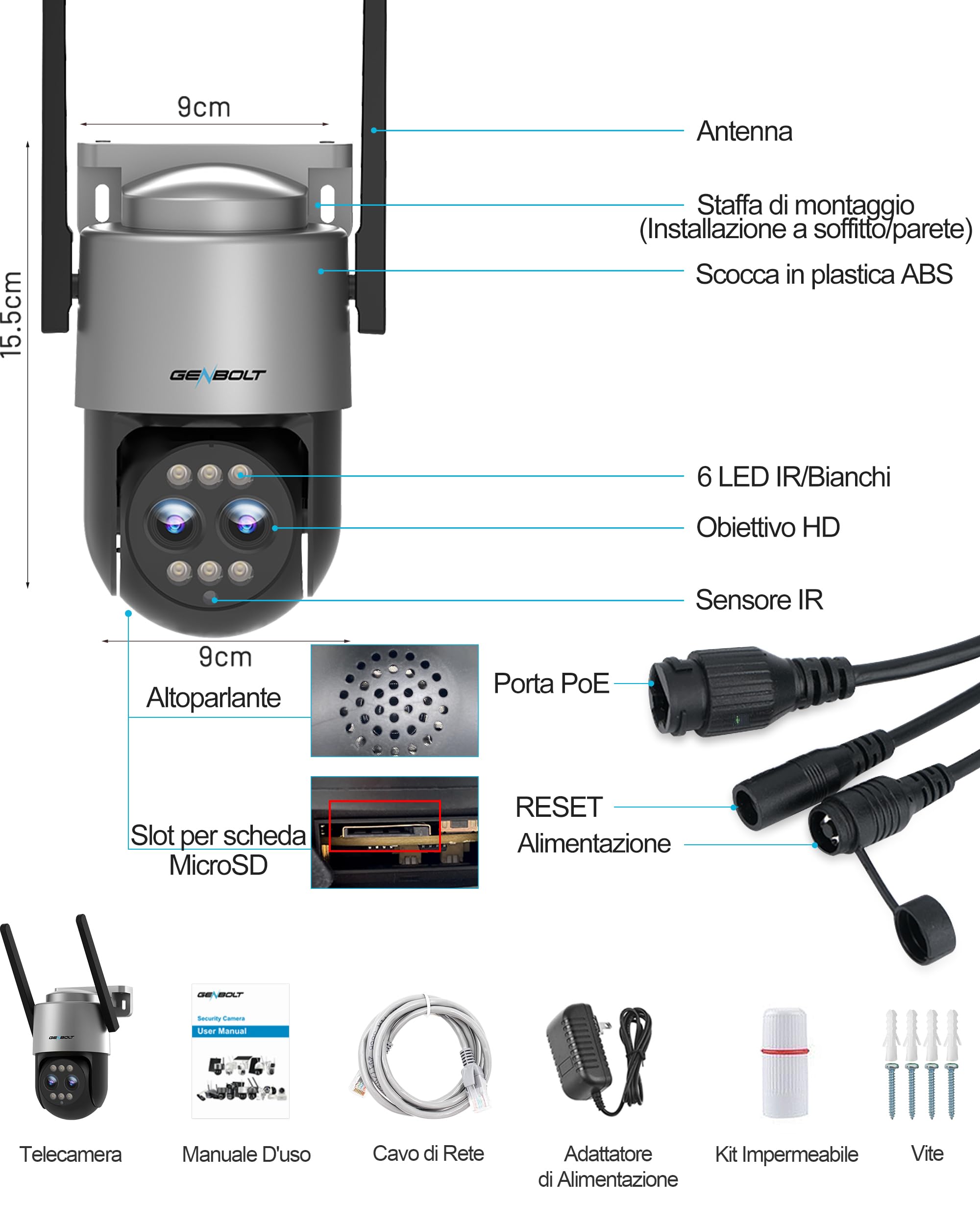 GENBOLT Telecamera Wi-Fi Esterni, Doppia Lente 2.5K Telecamera CCTV IP | Zoom ibrido 10X,Registrazione Continua 24/7,PTZ,Intelligente Automatico,Rilevamento Persone,Notturna Colori,IP66[DC&POE]