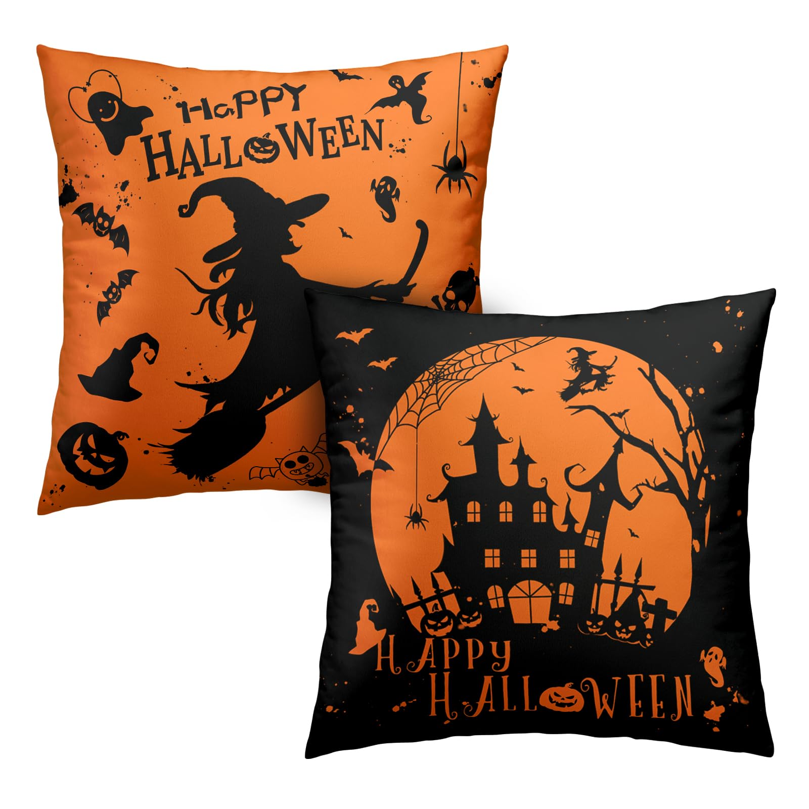 Kwlegh 2 Pack Happy Halloween Pillow Covers 22x22 Castle Witch Halloween Decoration Fall Pillow Covers Halloween Indoor Decor Black and Yellow Pillow