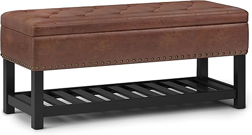 Miniatura 12 de SIMPLIHOME Lomond - Banco otomano rectangular tradicional de almacenamiento de 44 pulgadas de ancho en piel sintética vegana gris topo envejecida,