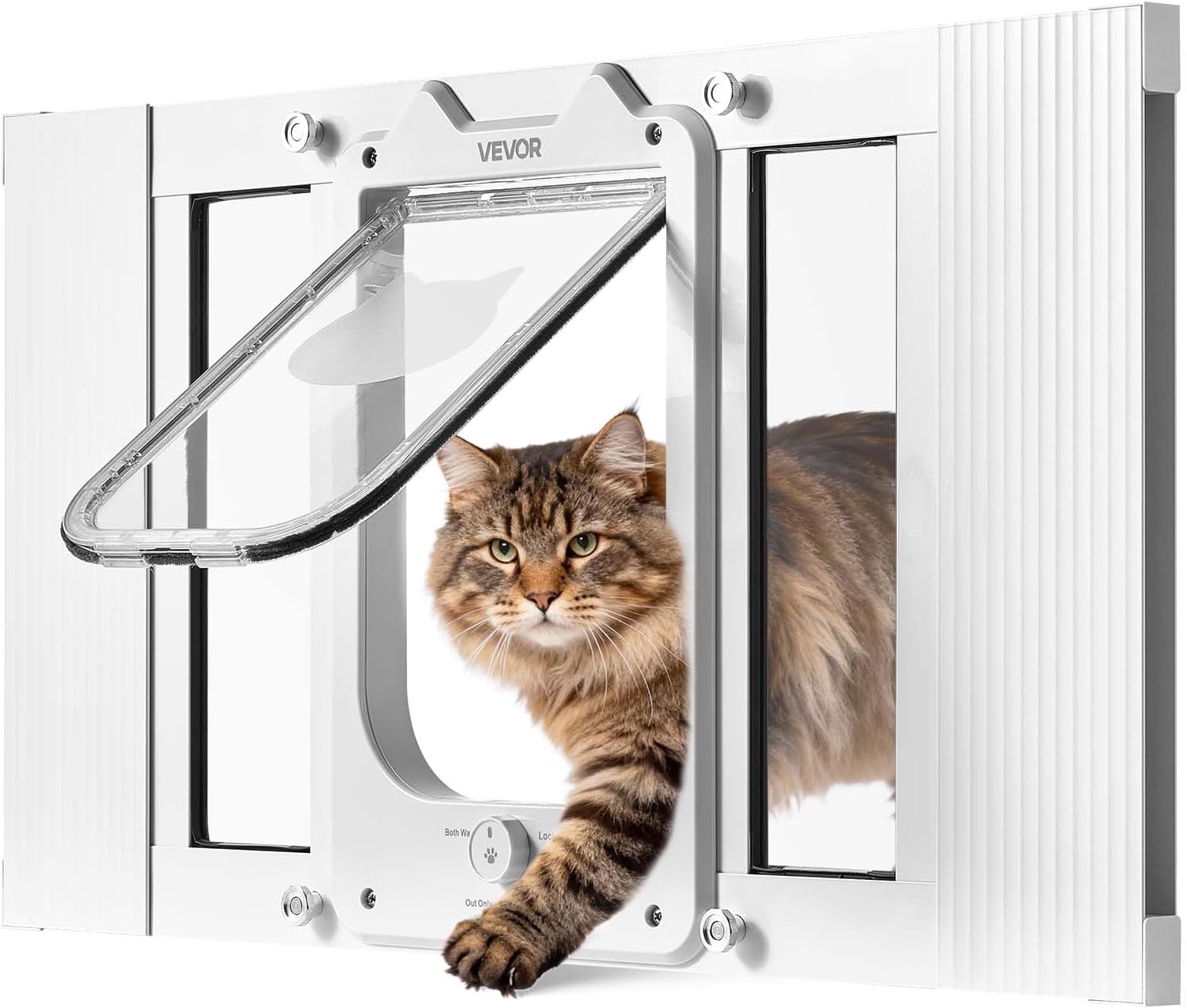 Cat Door for Window, Adjustable to Fit Window Width 23"-28", 4 Secure Lock Modes, Aluminum Frame and High-Transparency Glass, Magnetic Closure, Weatherproof Quick-Fit Pet Door for Cats, White