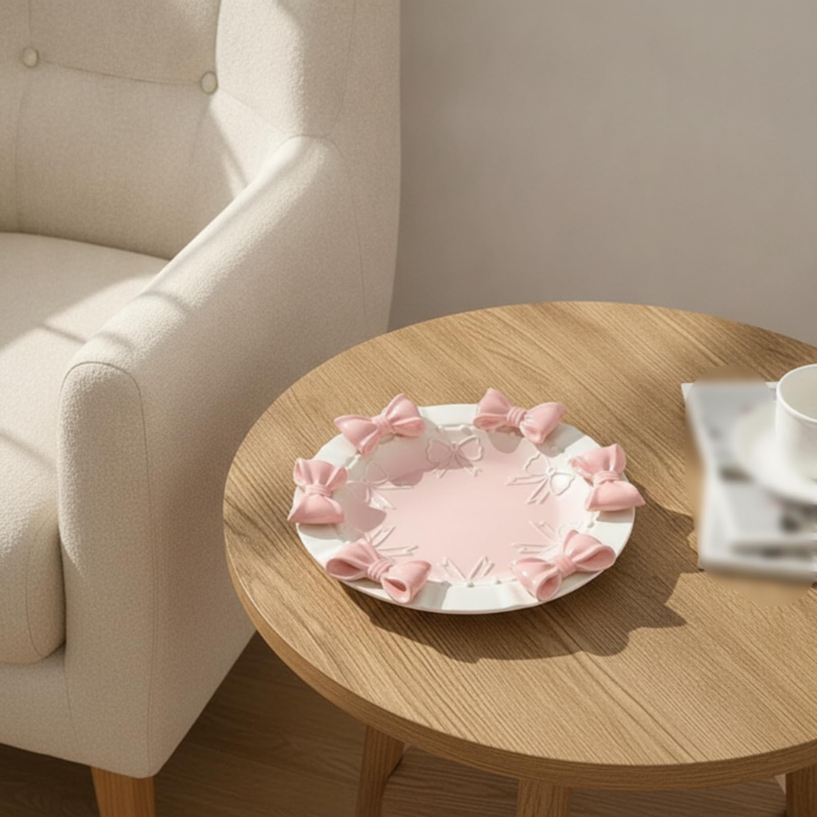 rockible Piatto da Dessert in Ceramica Piatto da Dolce Piatto da Torta Vassoio da Servire con E Texture 3D Adatto per Dolci, Esterno Bianco, Interno Rosa
