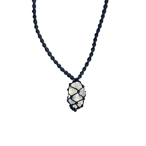 Men's Surfer Necklace with Tumbled Quartz Stone and Hematite in Black - Handmade Knotted Macrame Healing Stone Jewelry