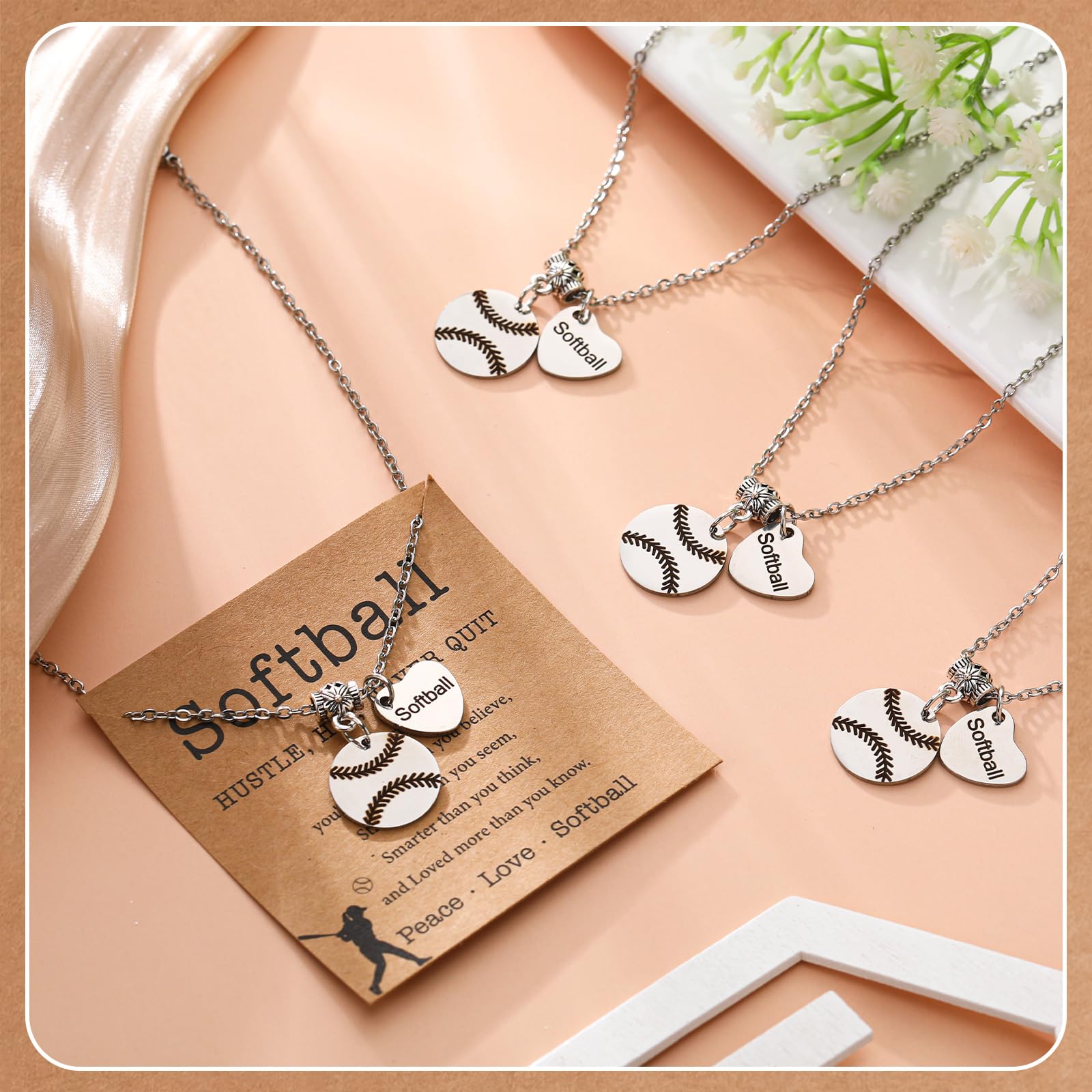 Landical 12 Set Baseball Football Softball Necklace Team Gift Bulk Sport Team Necklace for Women Sport Lovers Party Favors Inspirational Jewelry Pendant with Card and Opp Bags