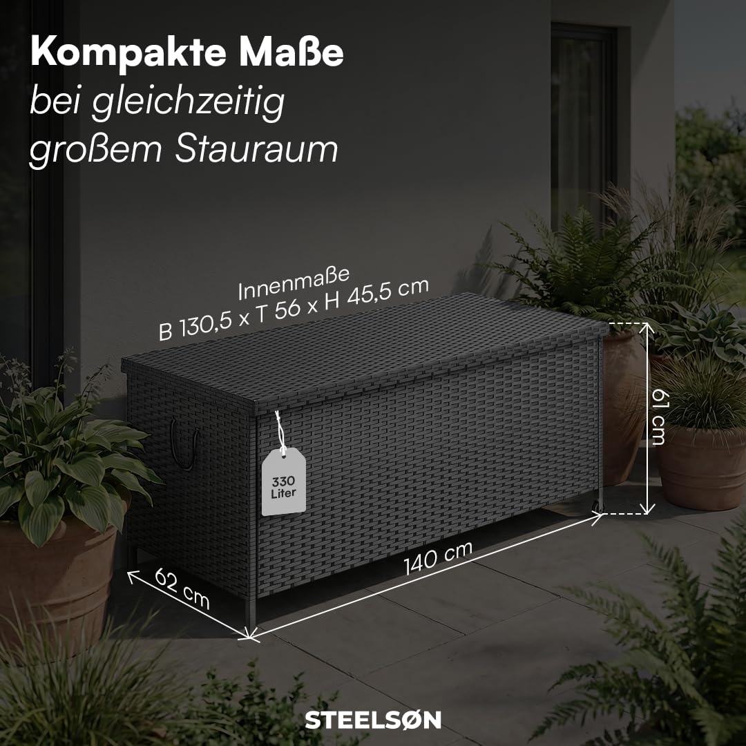 STEELSØN Serion Gartenbox mit Rollen schwarz – Rattan Aufbewahrungsbox Klappdeckel – Outdoor Auflagenbox mit Griffen – Aufbewahrungskiste wetterfest – Gartenkiste Stahlgestell – Kissenbox 140x62x61cm