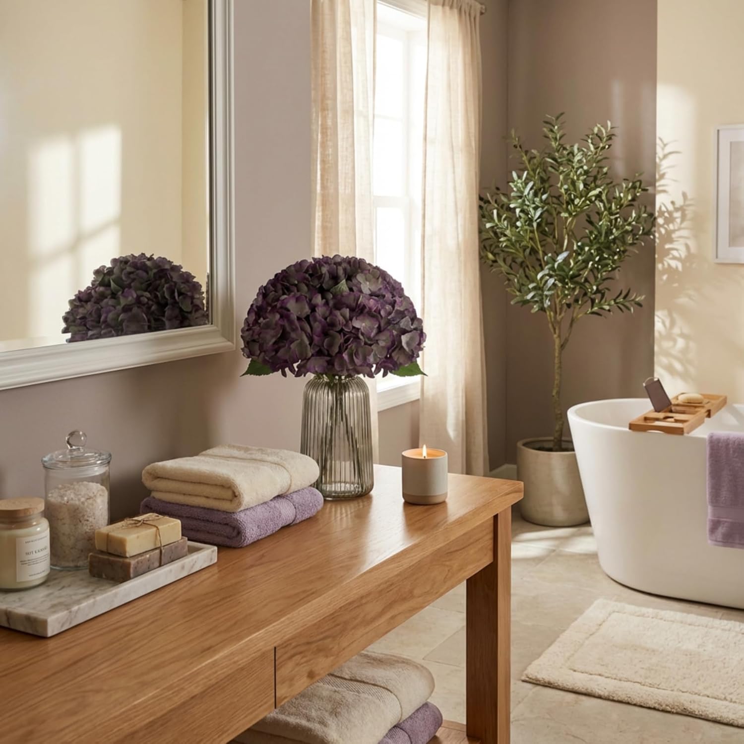 2Bouquets Artificial Fake Flowers Plants Silk Hydrangea Arrangements Wedding Bouquets Decorations Plastic Floral Home Kitchen Garden Party Festival Bar DIY (Grey Purple) - Image 8