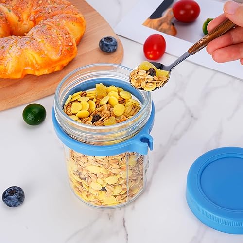 Miniatura 6 de Paquete de 6 recipientes de avena para la noche con tapas, cucharas, compartimentos divididos, tarros de vidrio de boca ancha de 16 onzas, sin BPA,