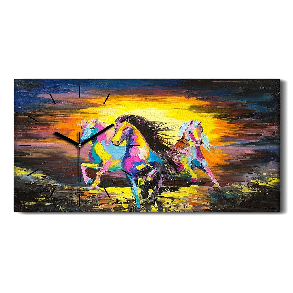 Horloge sur Toile Art Moderne Chevaux Coloray Déco Murale 60x30