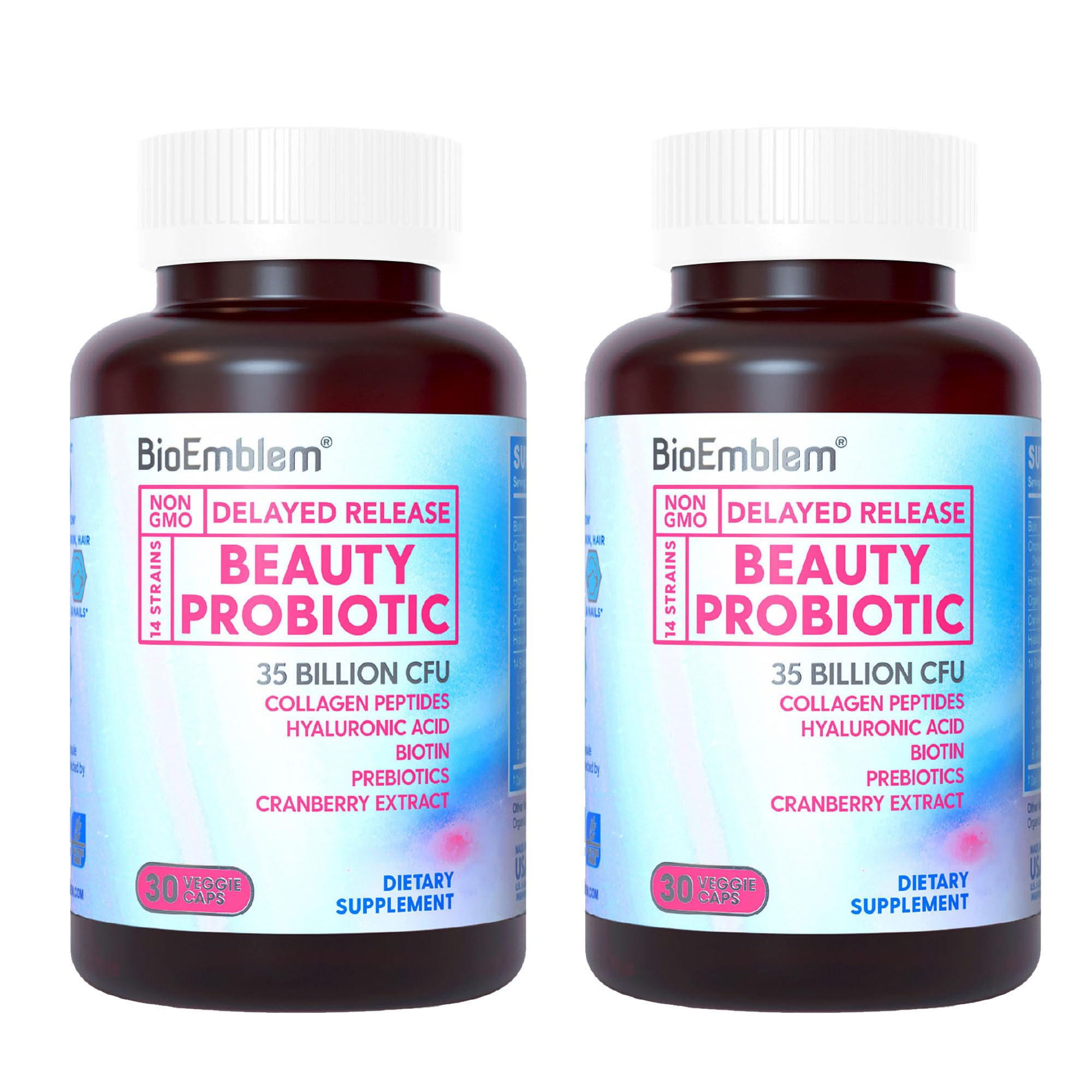 BioEmblem Beauty Probiotics for Women, 35 Billion CFU 14 Strains with Biotin, Collagen, Prebiotics for Digestive Health, Hair Skin and Nails, Vaginal Probiotics Supplement, Shelf Stable, 60 Caps