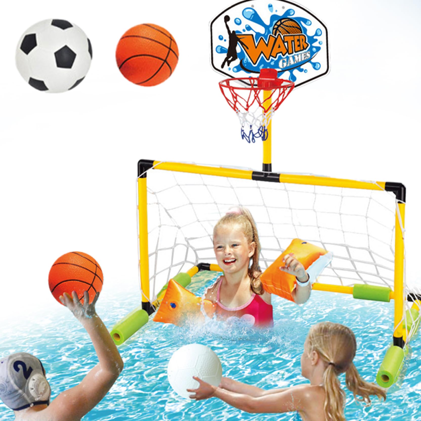 Aro de Baloncesto Flotante para Piscina 2 en 1 con Portería de Fútbol Desmontable 2 Bolas