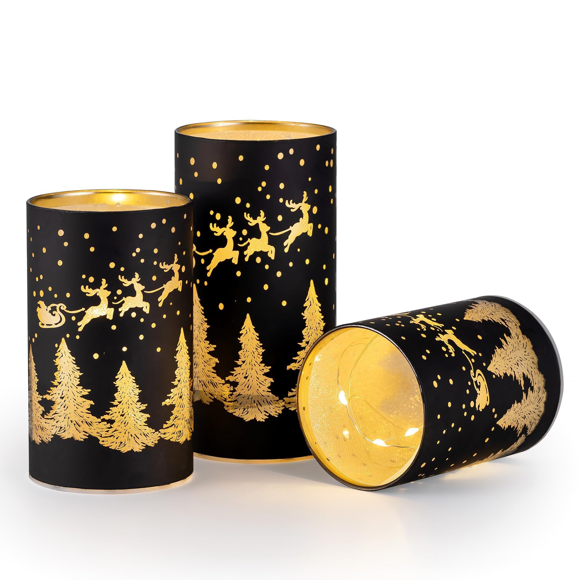 Romadedi Portavelas decoraciones navideñas: vela sin llama, reno negro con luz LED, para centro de mesa, ventana, velas de Navidad, funciona con pilas para decoración de comedor interior, juego de 3