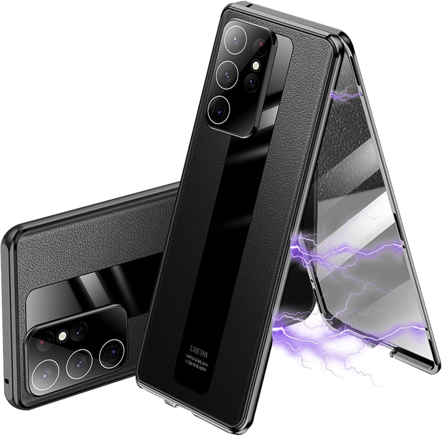 Magnetic Case for Samsung Galaxy S23 Ultra/S23 Plus/S23, Super Magnetic Suction Front HD 10H Tempered Glass PU Leather Back Metal Bumper Frame 360° Full Body Case, Black, S23 Plus
