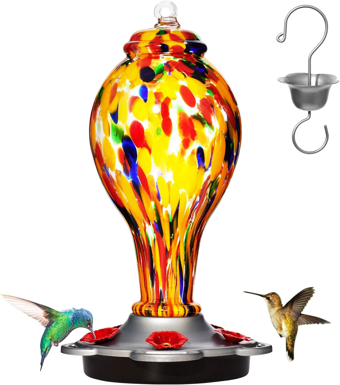 LUJII Hummingbird Feeder, Hand Blown Glass Hummingbird Feeder, Never Fade, 36 Fluid Ounces, 5 Feeding Metal Stations, Much Bigger, Garden Backyard Decorative, Containing Ant Moat (Blue) : Patio, Lawn & Garden