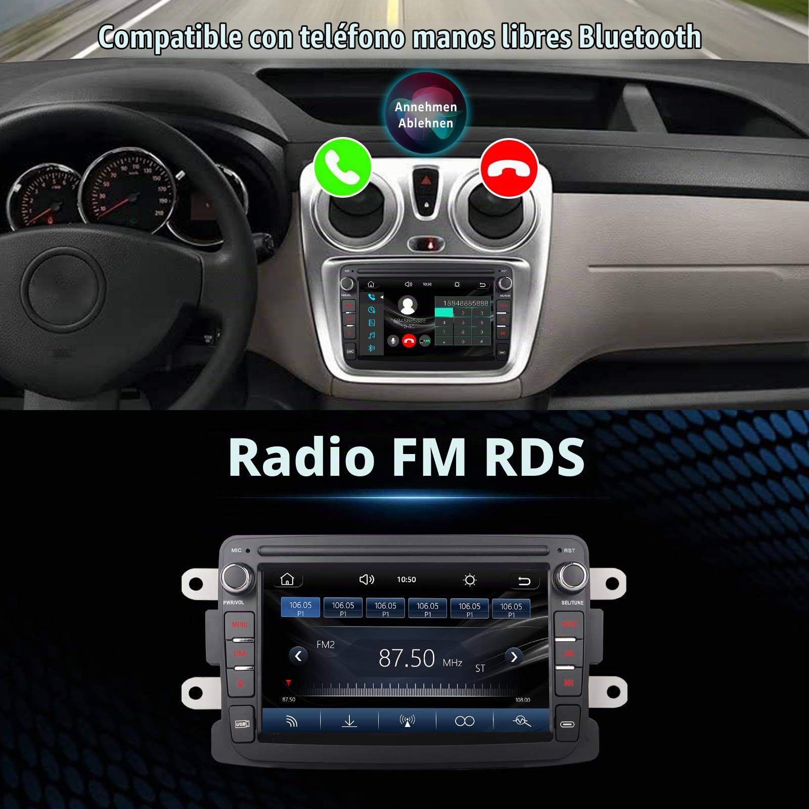 Radio de Coche para Renault Dacia Duster Sandero Dokker Logan Lodgy Captur con Carplay inalámbrico Android Auto Android Radio Pantalla táctil HiFi Bluetooth FM/RDS EQ SWC Canbus