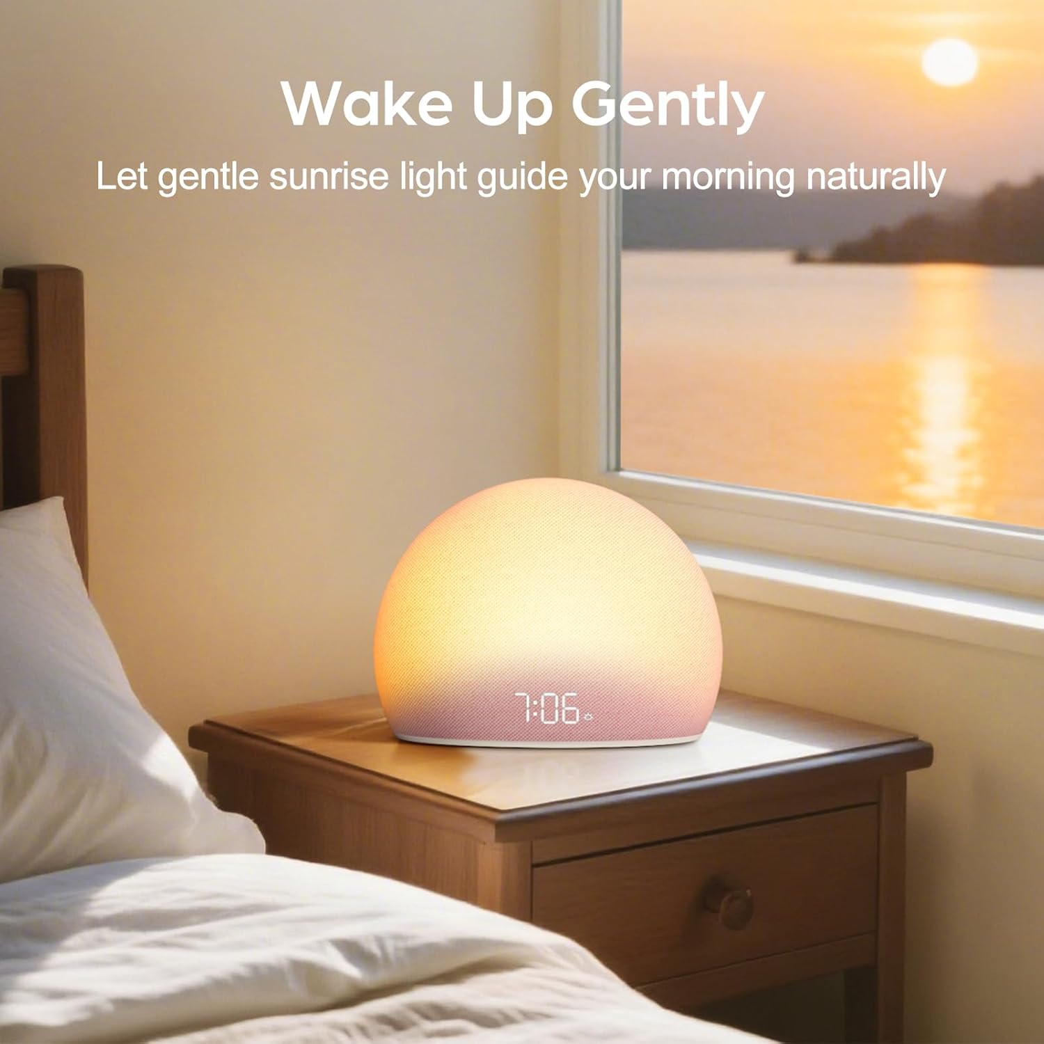 HOUSBAY TS9 Sunrise Alarm Clock on a bedside table, emitting a warm, gentle light as if waking up with the sun.