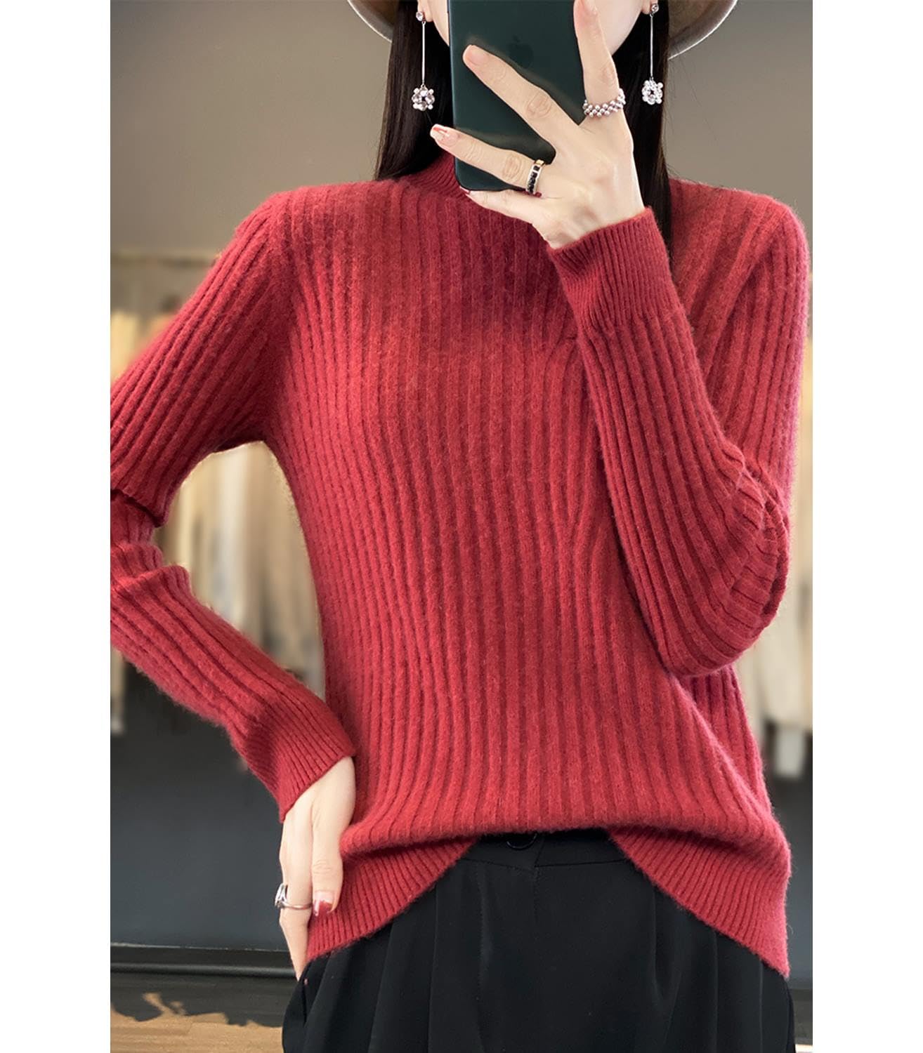 Suéter 100 % de lana merino para mujer, cuello alto falso, manga larga, suéter de punto cálido y suave