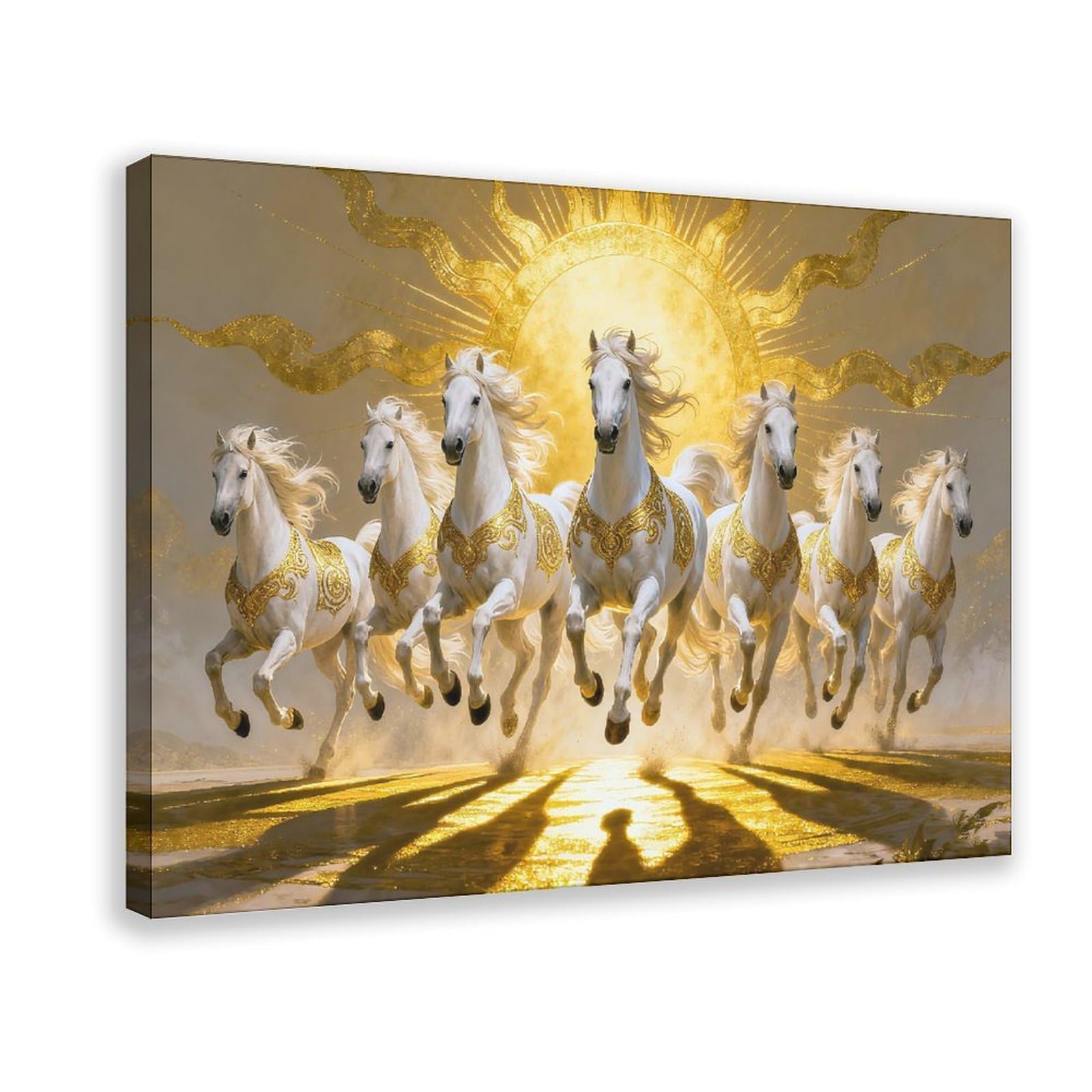 Luxury Seven Running Horses Canvas Print Wall Art White Horses Vastu Prosperity Design for Living Room Bedroom, 12x18inch(30x45cm) Frame — image 1
