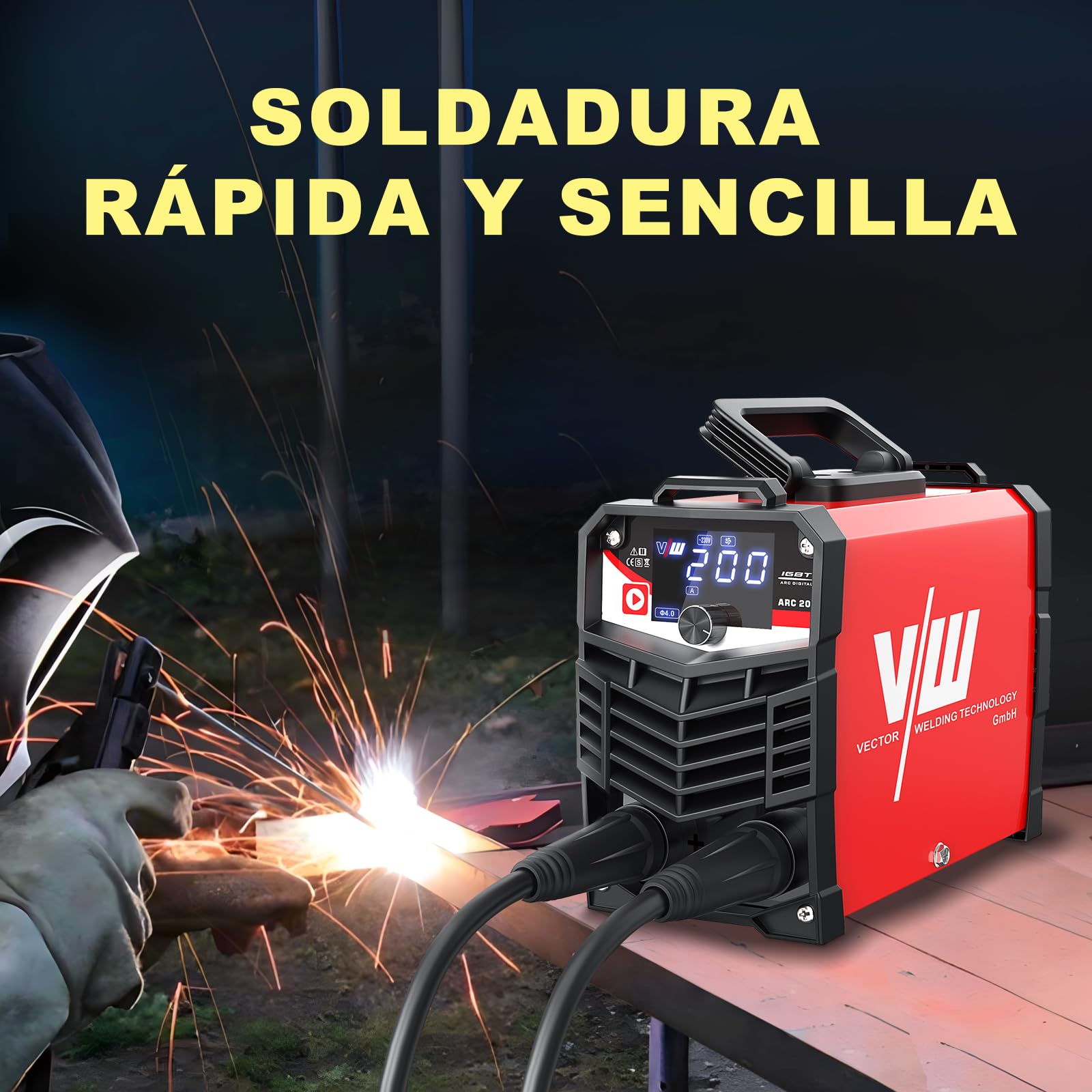 VECTOR WELDING Máquina de Soldar Inverter de Electrodos 200A Set, Soldadora de Electrodos MMA/STICK con Pantalla LED, MMA/STICK, IGBT, Juego de soldadura ARC 200