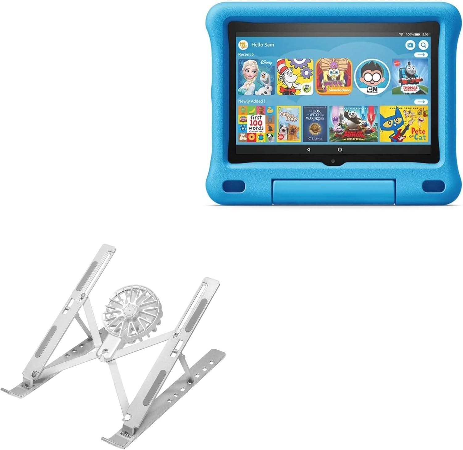 BoxWave Stand and Mount Compatible with Amazon Fire HD 8 Kids Edition (10th Gen 2020) - QuickSwitch Stand with Cooling Fan, Portable, Multi Angle Viewing Ventilator - Metallic Silver