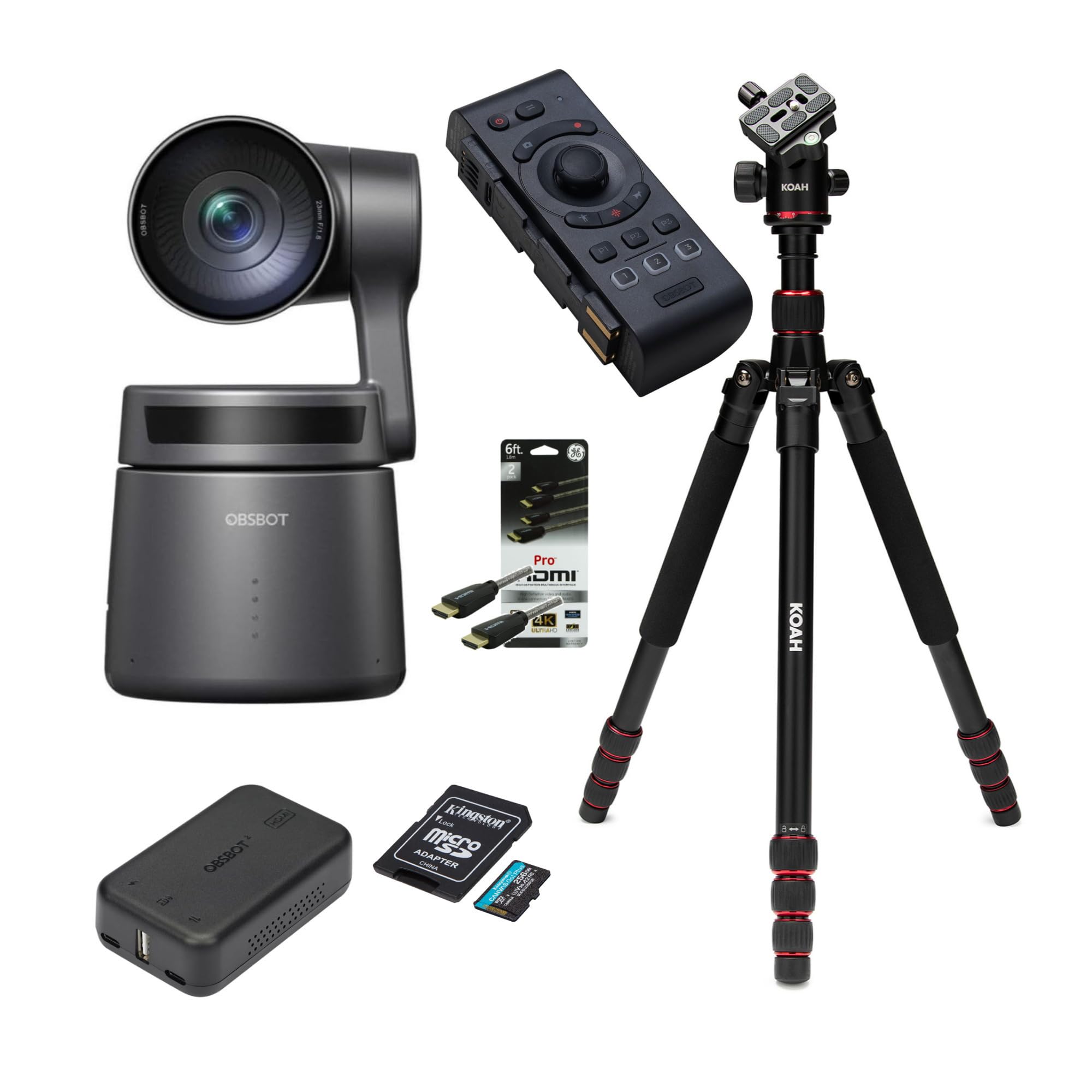OBSBOT Tail Air AI-Powered 4K PTZ Streaming Camera Bundle (Black) with Adapter (Black), Tripod, Remote Controller (Black), 256GB Memory Card, and HDMI Cable (Silver, 2-Pack) (6 Items)