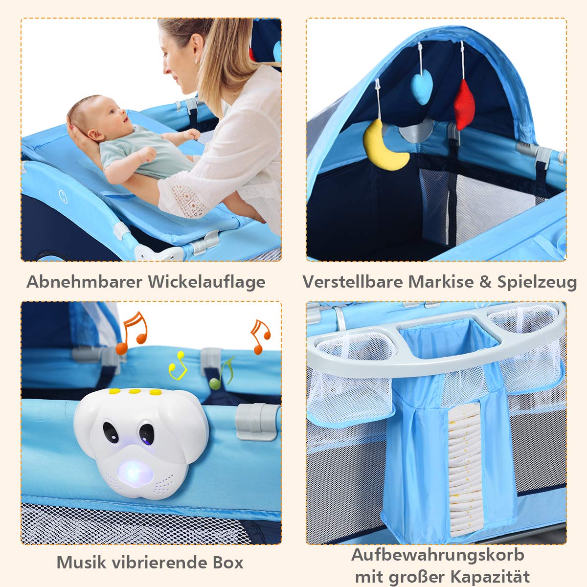 COSTWAY 4 in 1 klappbares Reisebett & Babywiege & Wickeltisch & Laufstall mit Schaukelfunktion, inkl. Spieluhr, Spielbogen, Wickelauflage, Matratze, Windel Organizer und Tragetasche (blau)