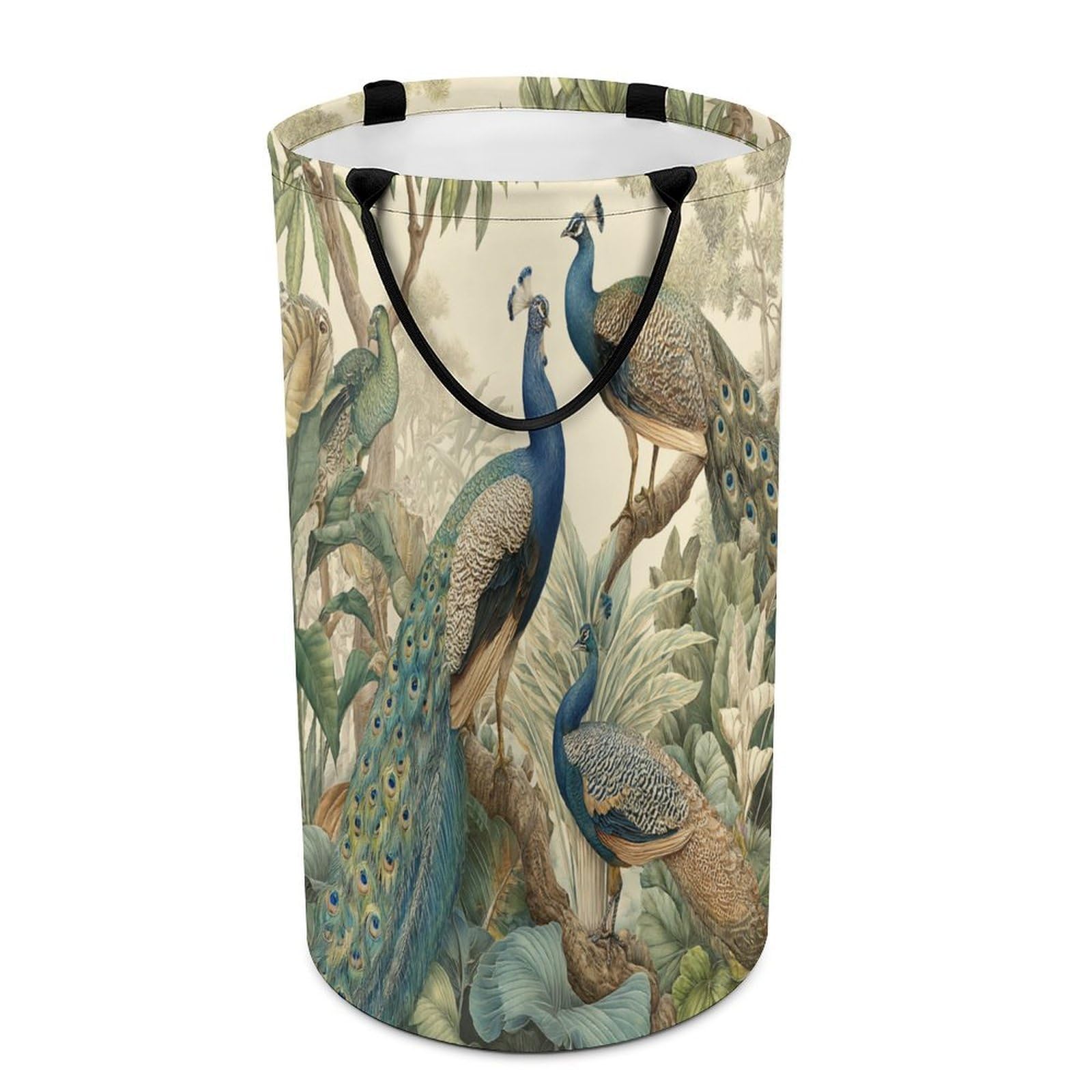 LUYYSKY Beautiful Watercolor Birds Peacocks Versatile Storage Laundry Basket, Vintage Elegant Botanical Branch Animals Peacocks Pattern Large Capacity Bathroom Hamper With Handle