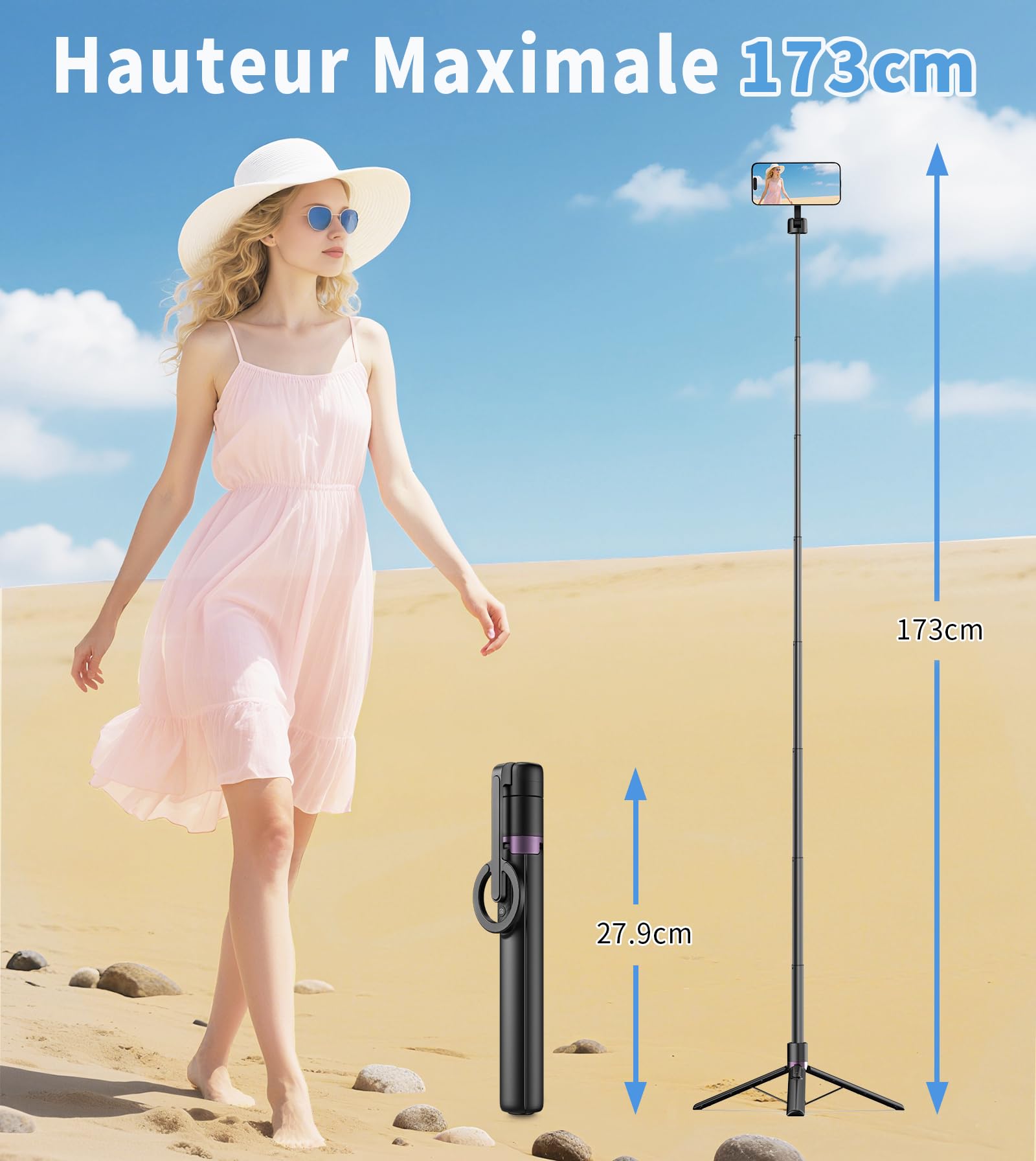 TONEOF 173cm Perche Selfie Magnétique Trépied,Fixations en Aluminium pour Magsafe, Rotatif à 360°,Trépied Voyage Rétractable avec Anneau Métallique&Télécommande,Têtes de Trépieds pour Téléphones-Noir
