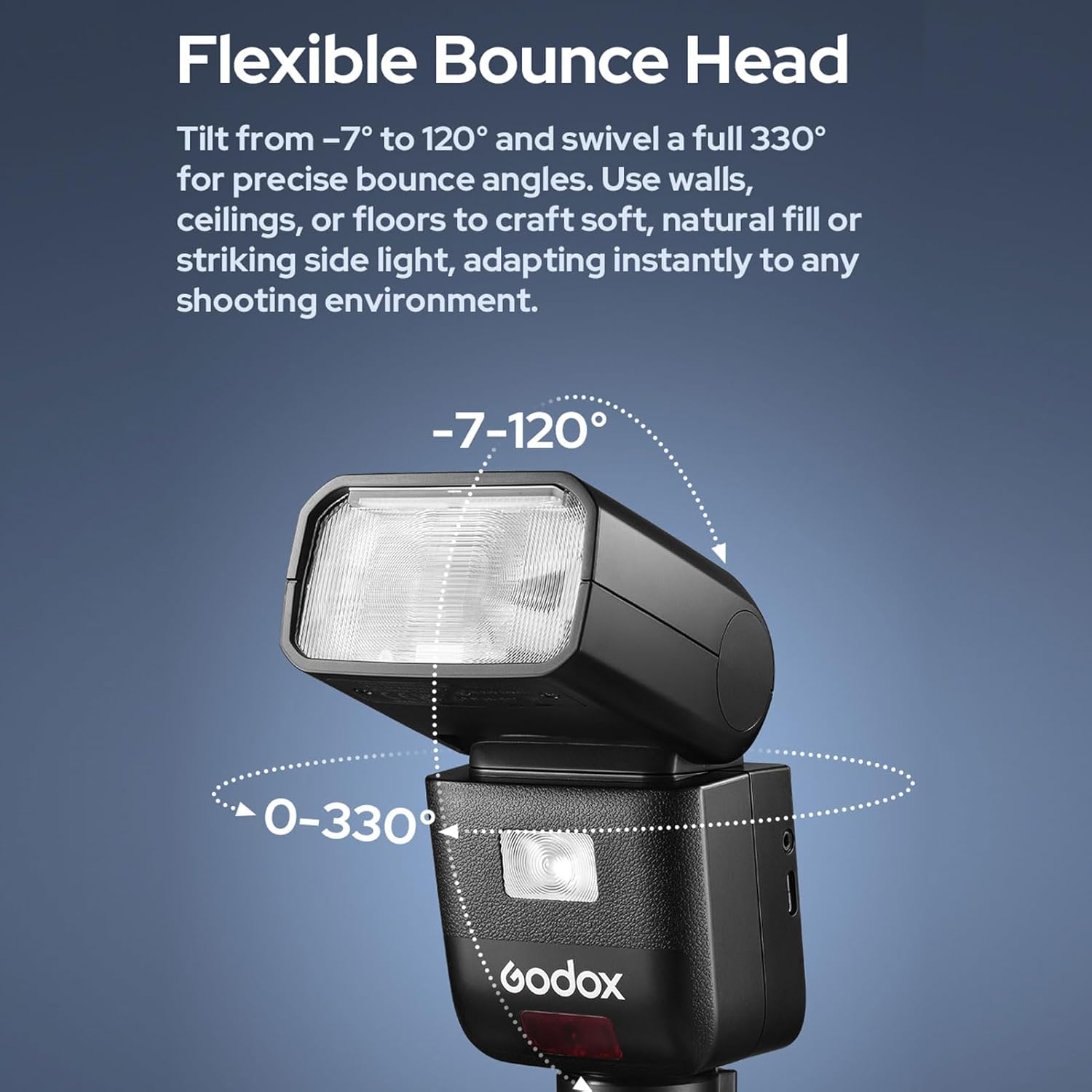 GODOX V480 flash head showing tilt and swivel angles