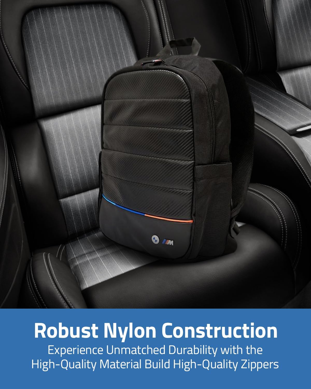 Robust nylon construction of BMW backpack