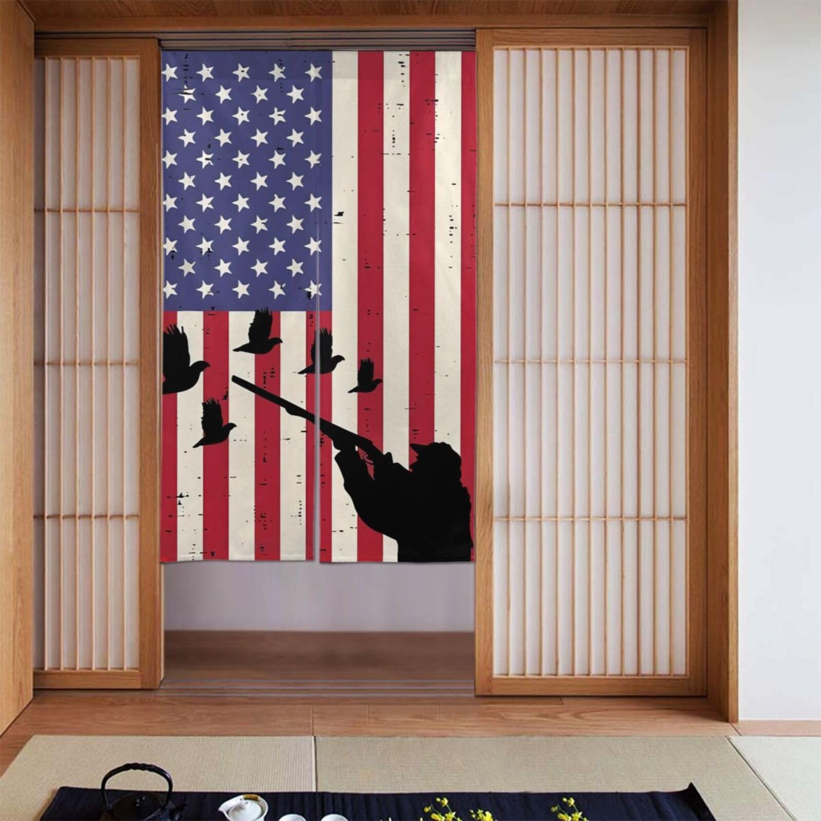 Lukiyys Vintage Patriotic US Flag Quail Pheasant Hunting Door Curtains,Doorways Curtains for Windows,Bedroom Divider 34"X 56"
