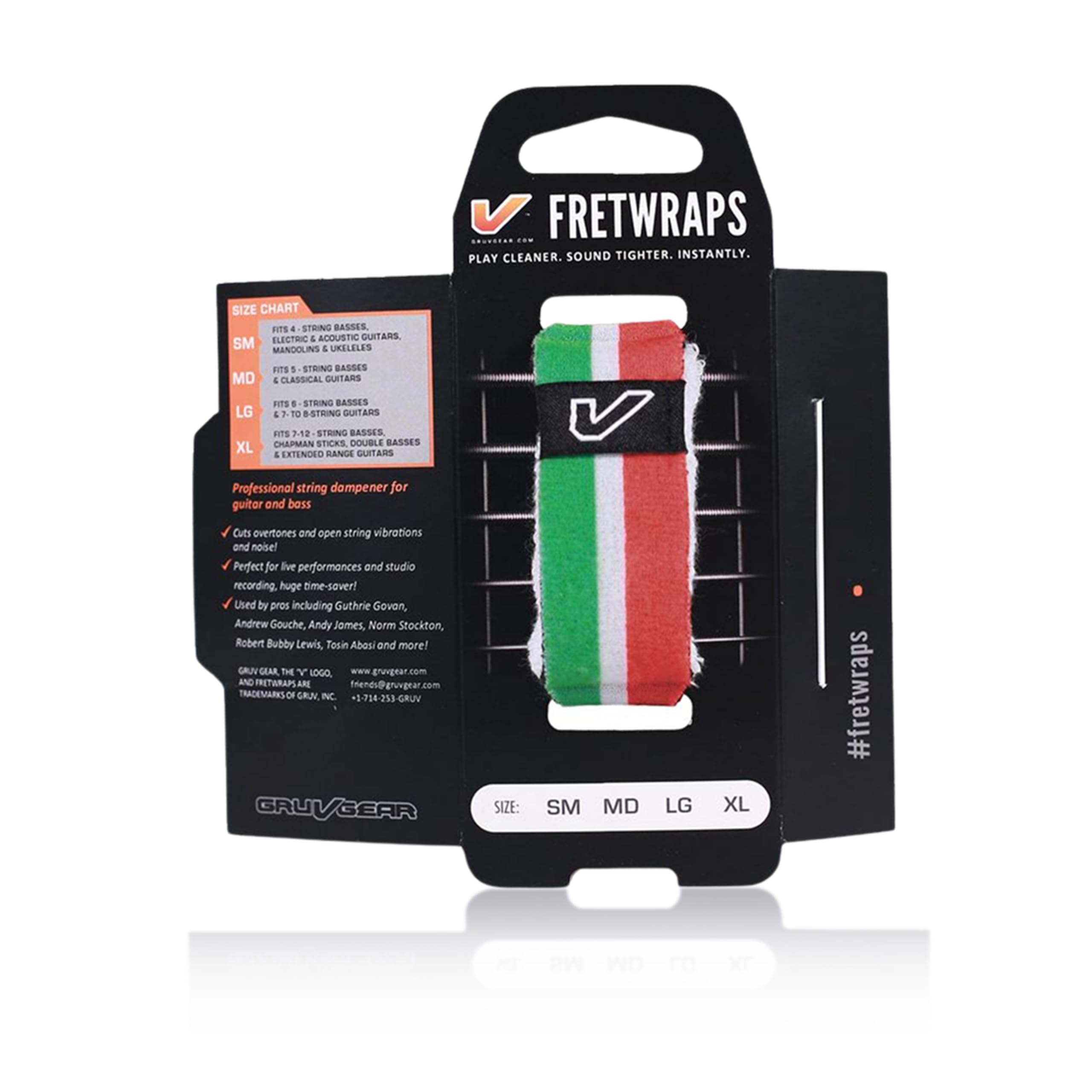 Gruv Gear Fret Wrap &amp; Guitar Mute, Fretwrap for Acoustic, Electric &amp; Bass | String Dampener Recording, Tapping &amp; Practice Accessory (1 Pack, Small Green/White/Red, Fits 4 String Bass, 6 String Guitar)