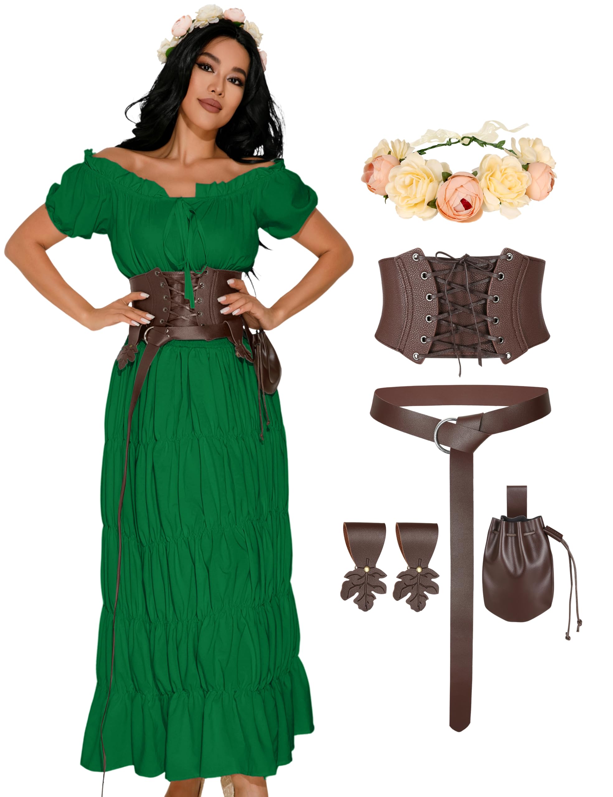 GERVAISE Womens Renaissance Costume Medieval Fairy Dress Victorian Irish Outfits 7pcs (Green, Small)
