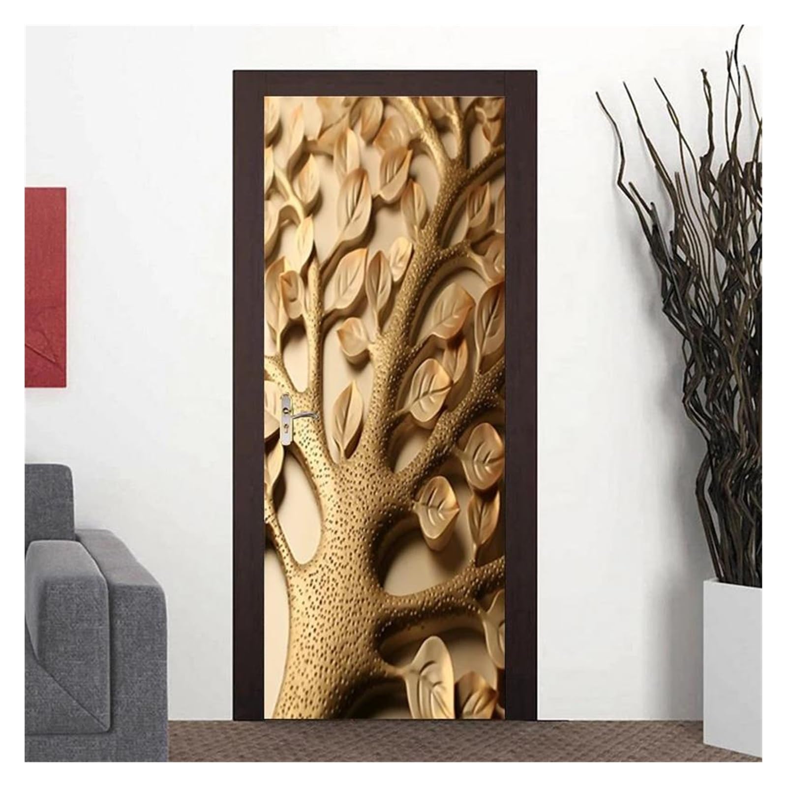 Sticker de porte 3D feuilles d'or autocollant mural salon 77x200cm