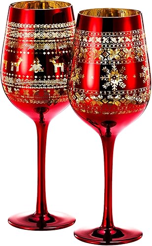 Copas de vino de Navidad con tallo de cristal, juego de 2 unidades, con temática vibrante roja y dorada grabada en el país de las maravillas de