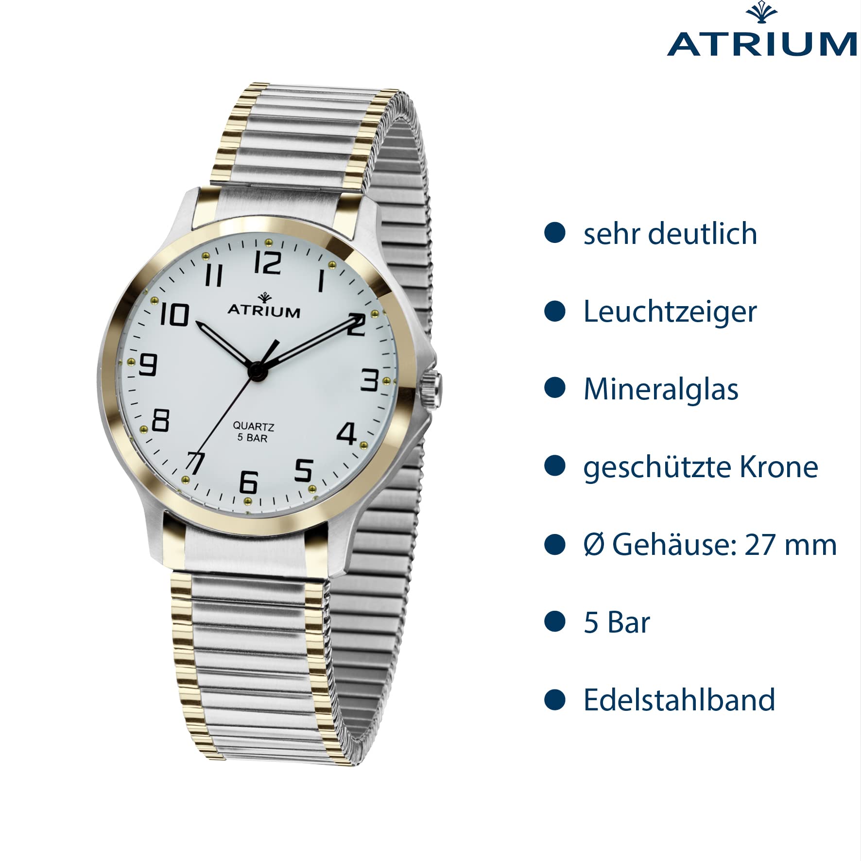 Atrium Damenuhr Zugband mit Leuchtzeigern Analog Quarz Edelstahl matt und poliertem goldfarbenen Rand 5 bar Flexband Bicolor A13-64