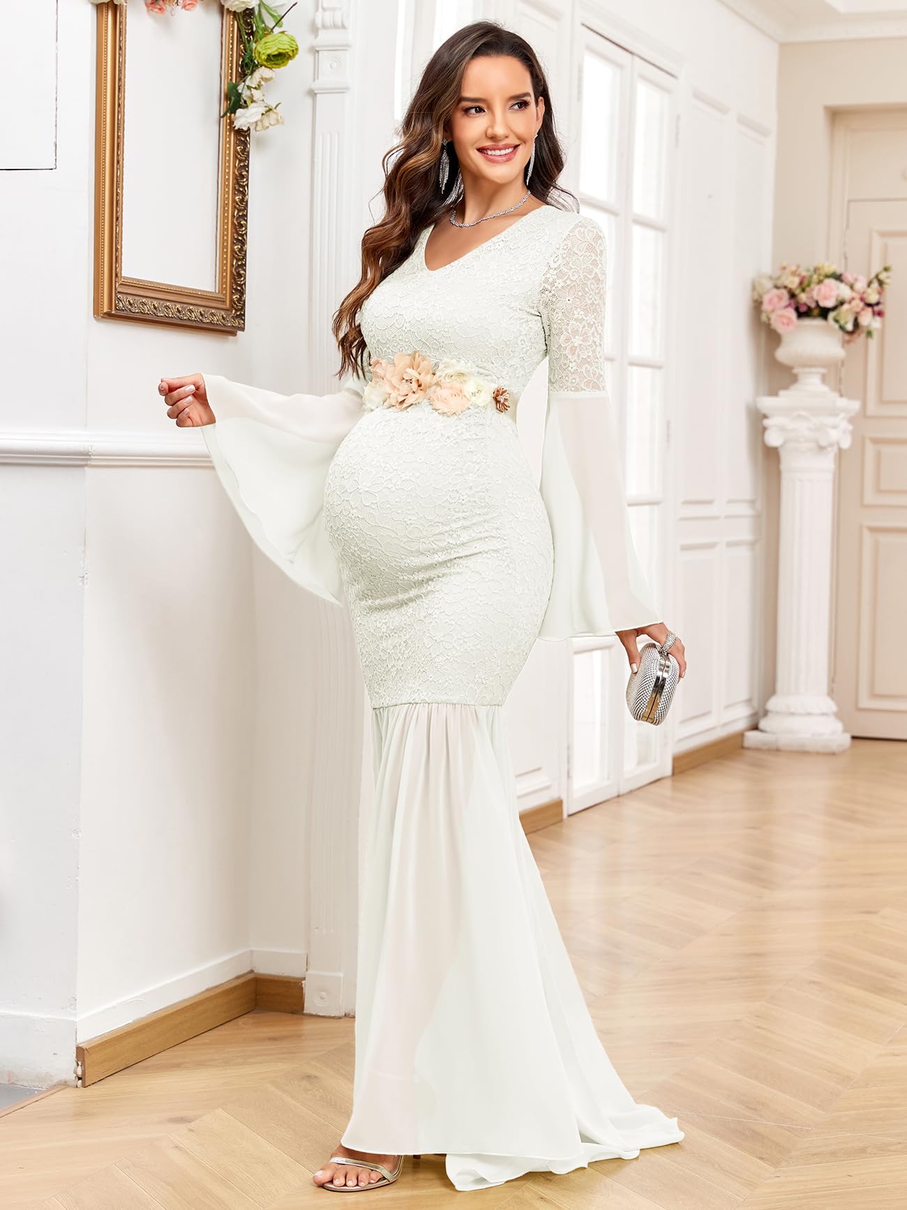 AISWI Abito premaman baby shower manica lunga campana pizzo floreale contrasto chiffon scollo a V sirena gravidanza servizio fotografico abito
