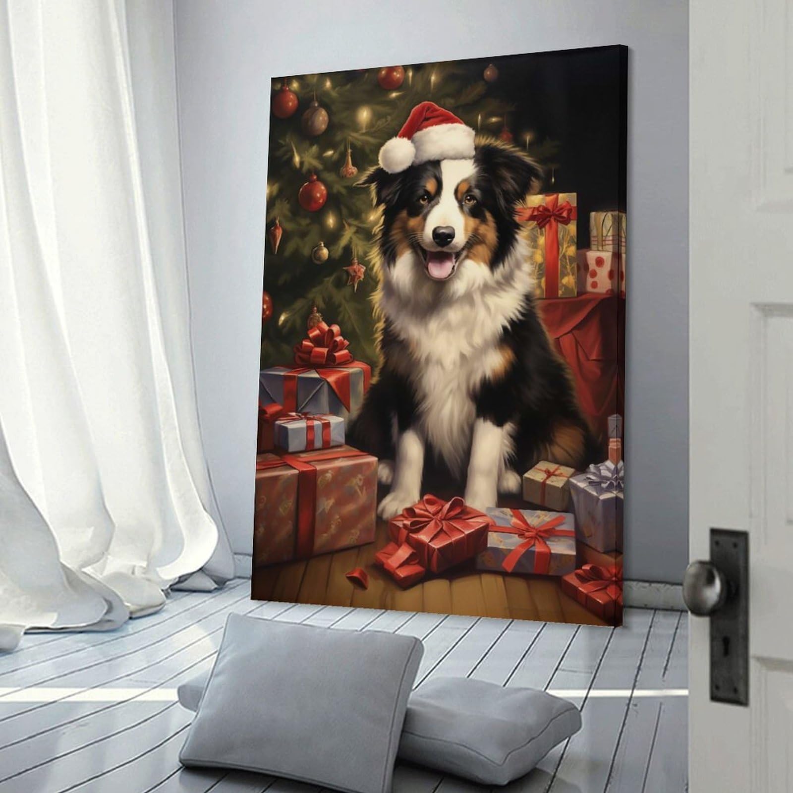 Junmoney Christmas Dog Gifts Canvas Wall Picture, 12x18inch(30x45cm), for Wall Displays, Bedrooms Or Room Updates, Wall Decor Suited to Curated Displays