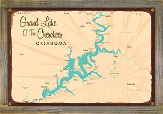Grand Lake O' The Cherokees Oklahoma Retro Steel Metal, with Oxidized Border and Mounted on Real Reclaimed Barn Wood, Wall Art Map Poster 12" x 18". Distinctive Wall Decoration for Home, Cabin, or Office