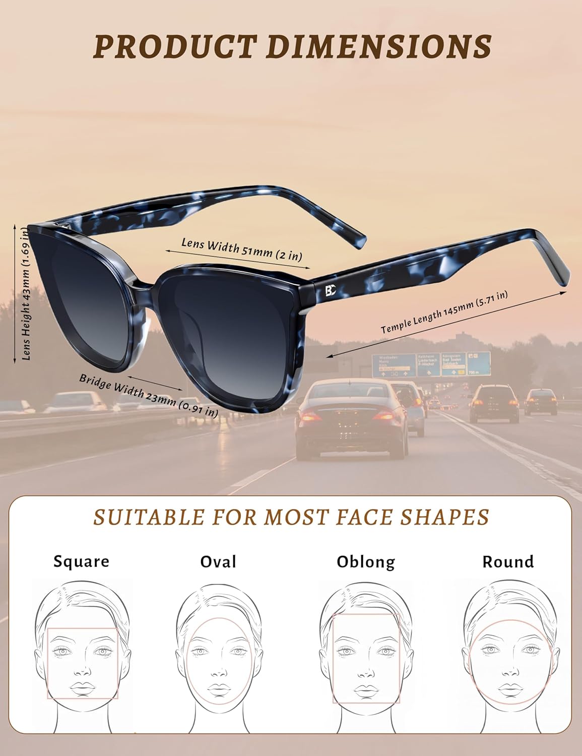 BIRCEN Polarized Cat-Eye Sunglasses for Women: Trendy Acetate Sun Glasses Nylon Lens UV Protection for Travel Driving