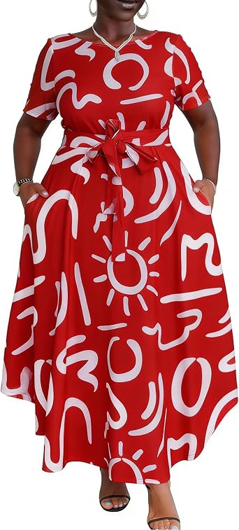 Bluetime Womens Plus Size A-Line Dresses Elegant Fit and Flare Maxi Dress Summer Casual Long Dress with Pockets