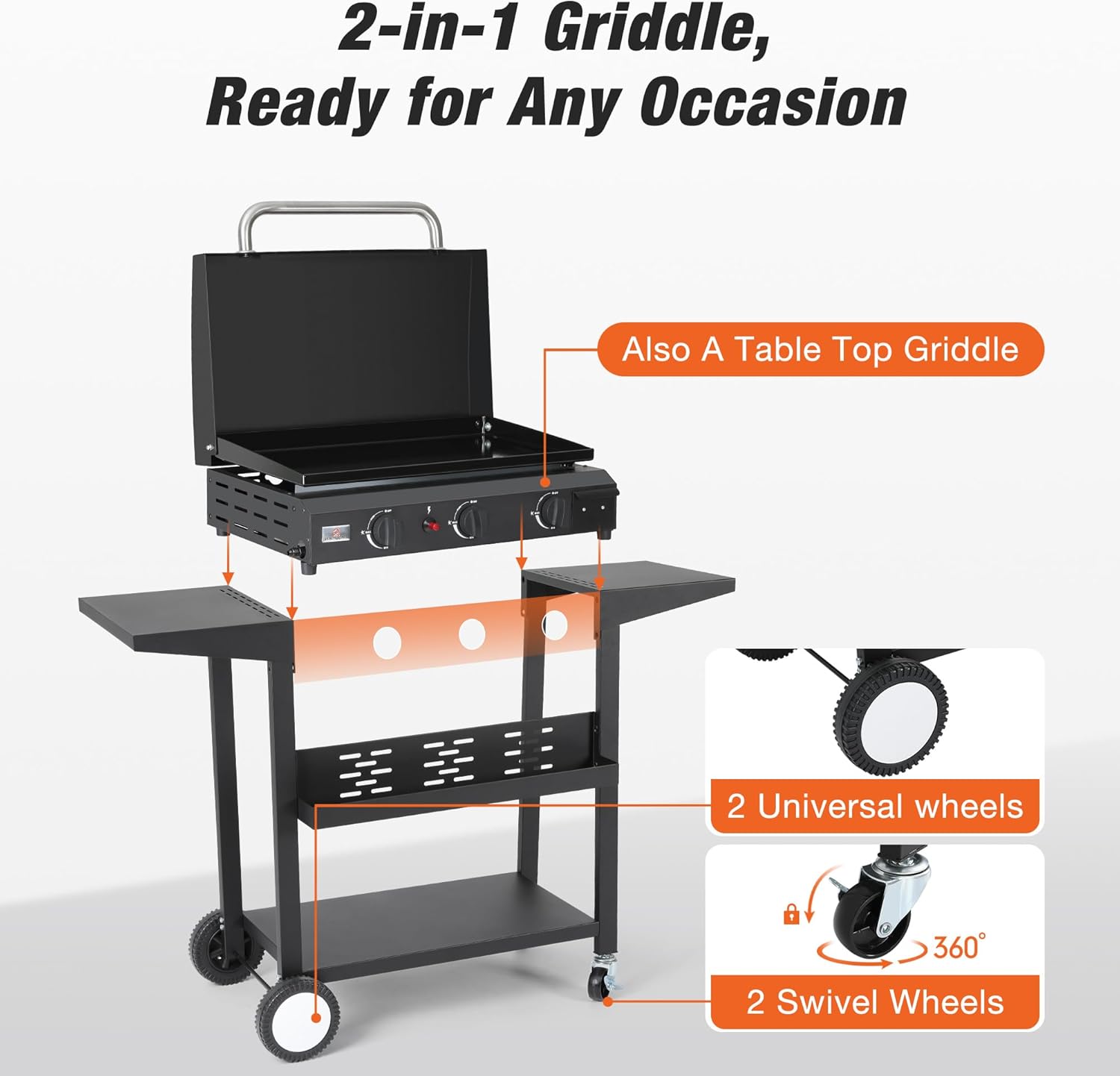 WARMOUNTS 3 Burner Propane Gas Grill, Portable Flat Top Grill with Lid, Wheels and Side Shelves, 24,600 BTU Output, Stainless Steel BBQ Grill Griddle Combo for Outdoor Cooking, Patio and Camping