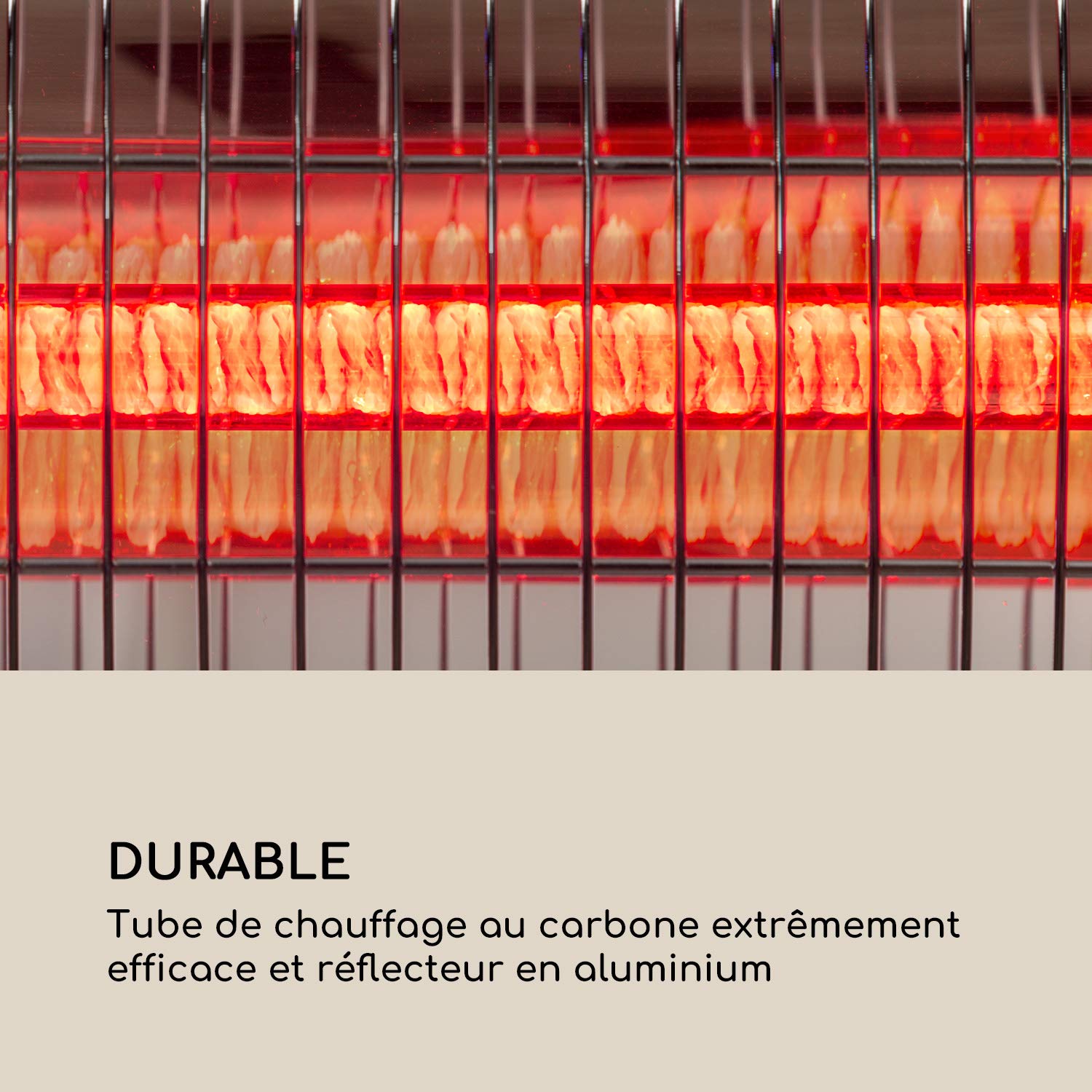 Blumfeldt Dark Wave Chauffage infrarouge, Chauffage de terrasse, MinimalGlare Heating Tube : tube carbone doré, 24 niveaux de chauffe, minuterie, IP65, écran LED, plafond 2000 W, argent
