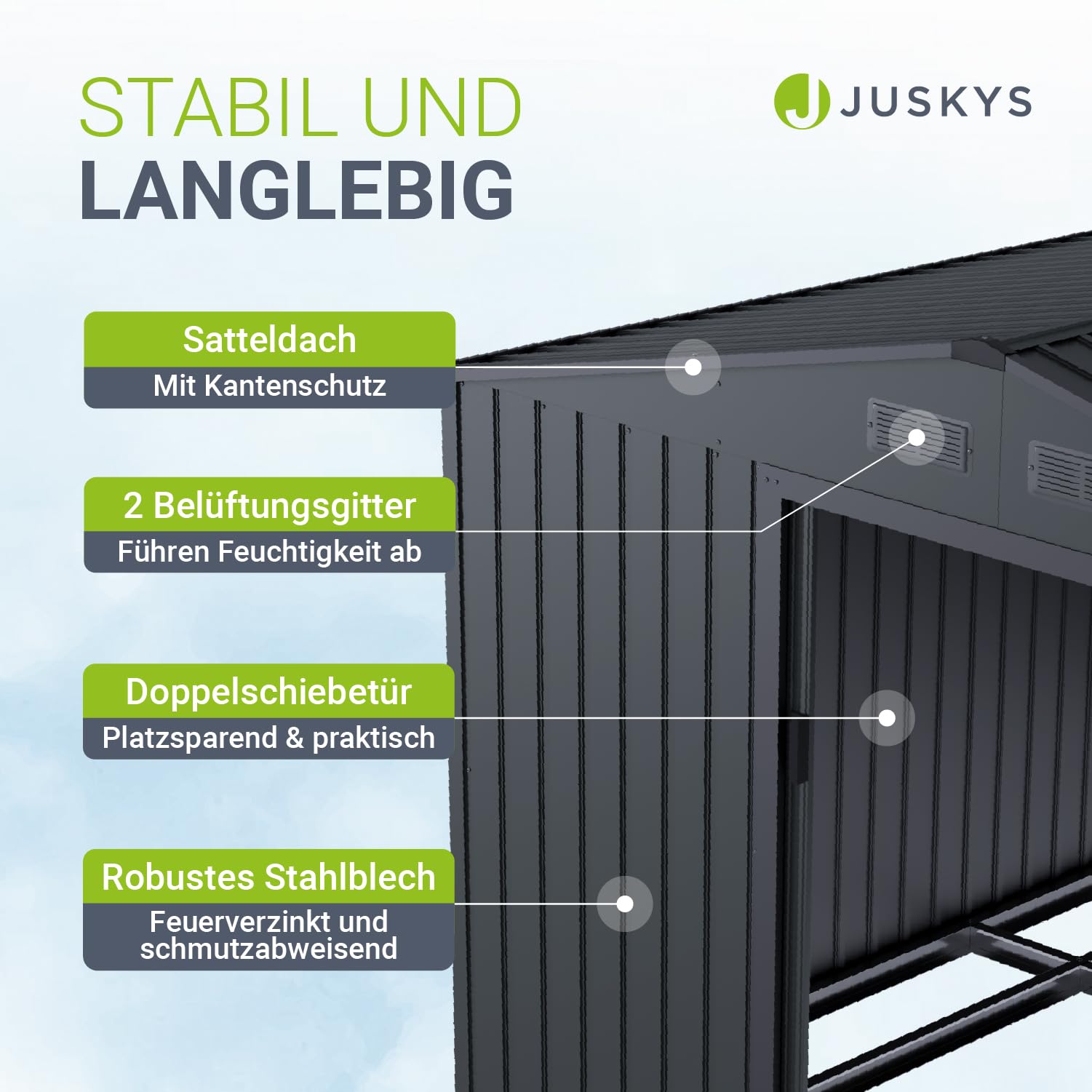 Juskys Geräteschuppen Metall XXL – Gartenhaus & Gerätehaus mit Schiebetür, Fundamentrahmen & Schloss, wetterfester Gartenschrank zur Aufbewahrung – Dunkelgrau