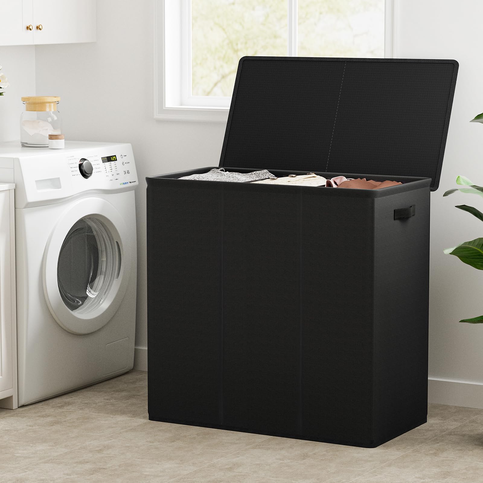 WOWLIVE Wäschekorb mit Deckel, 180 l, 3 Fächer, Groß mit Abnehmbaren Taschen und Griffen, Zusammenklappbar, für Schmutzige Wäsche, Organizer für Waschküche