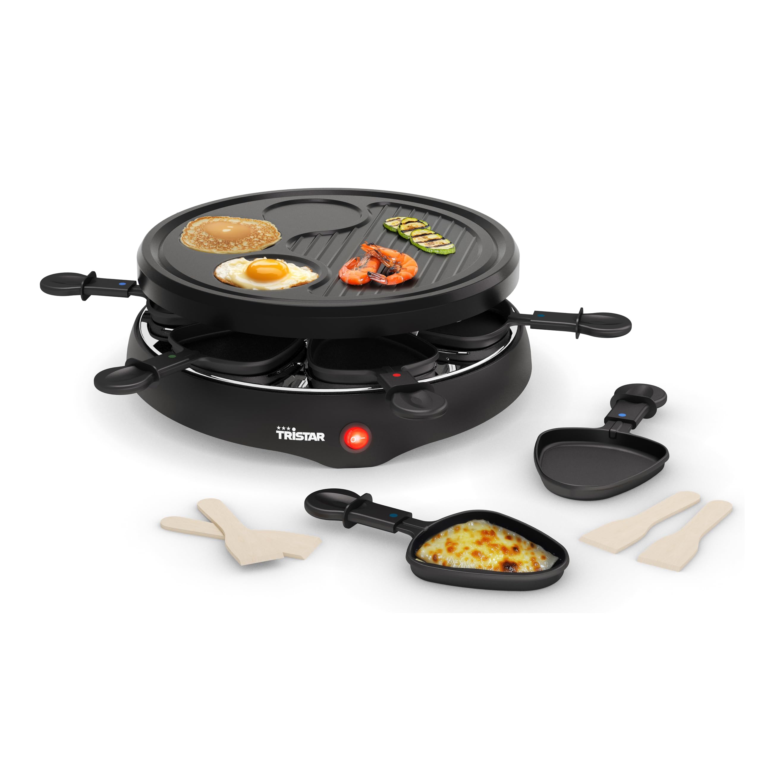Raclette Tristar pour jusqu’à 6 Personnes, Avec 6 Poêlons et Zone Crêpe et Grill, Ø29 cm, 800 W, Noir, RA-2998