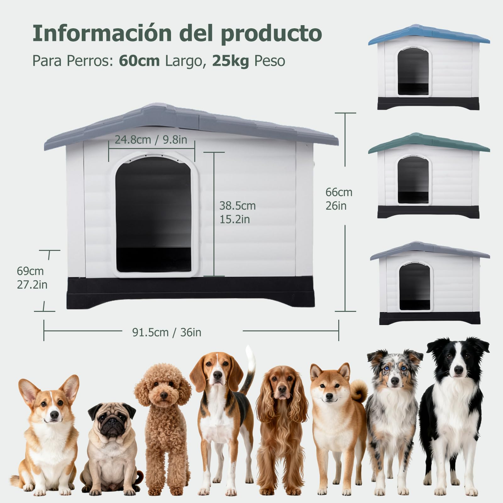 PETCUTE Caseta para Perros,Casa de Plástico para Perros con Techo Inclinado, Lado de Apertura, Fondo de Drenaje, Base Aislante, Refugio para Mascotas,Uso Interior y Exterior,Gris