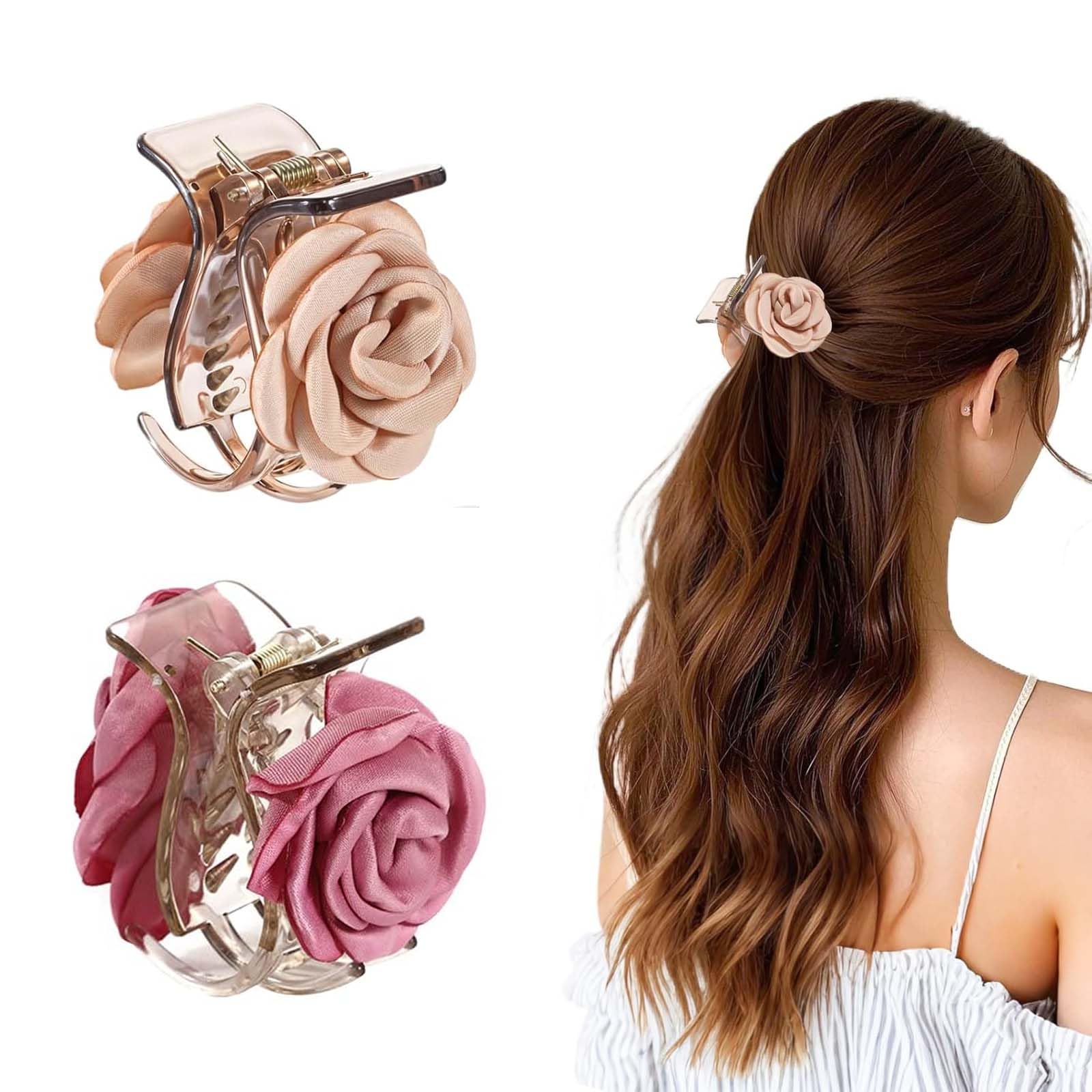 2pcs Flower Claw Clip, Flower Clutcher for Women Hair, Half Updos Hair Accessories for Women Girls, Claw Clips for Most Hairstyle (Champagne + Deep Pink)-image-20