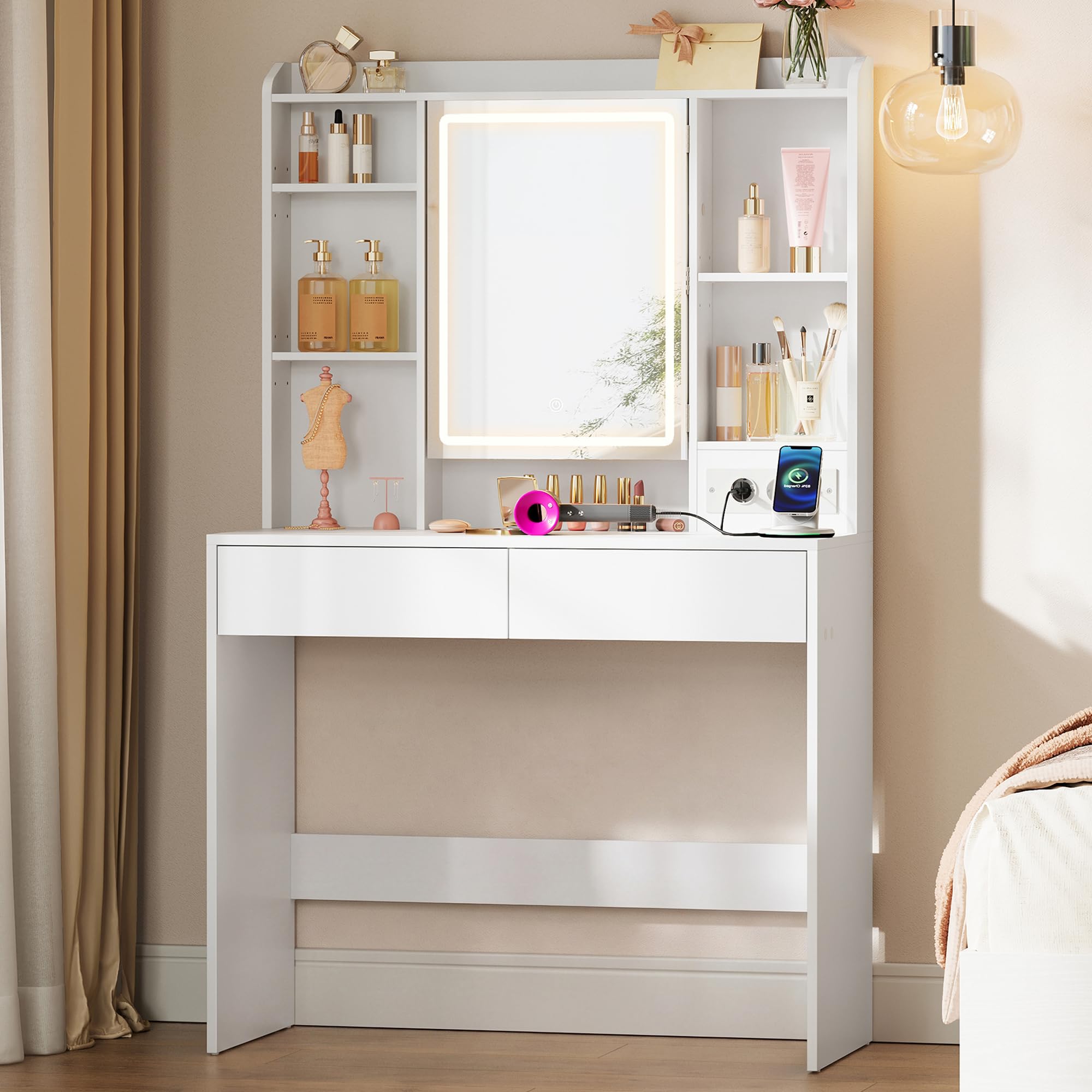 VASAGLE Kailyn Collection - Coiffeuse avec Miroir LED, 3 Couleurs, Luminosité Réglable, Multiprise, Table de Maquillage, Grand, Étagère de Rangement Réglable, 2 Tiroirs, Moderne, Blanc RDT143WB01